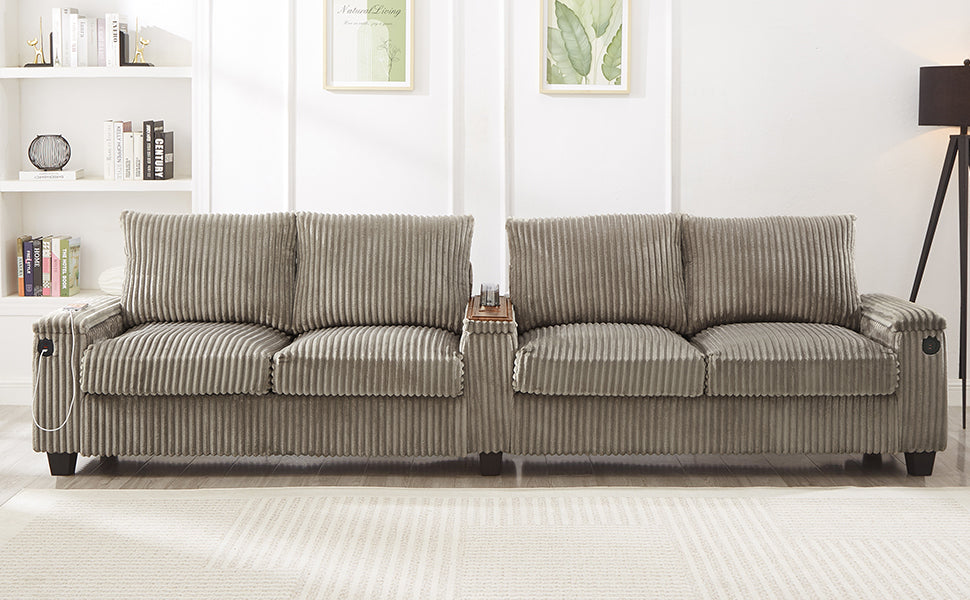 NEW Modern 4-Seater Corduroy Sofa Couch with USB Ports, Hidden Storage Arms, and Flip-Top Cup Holders, Brown, 133 Inches