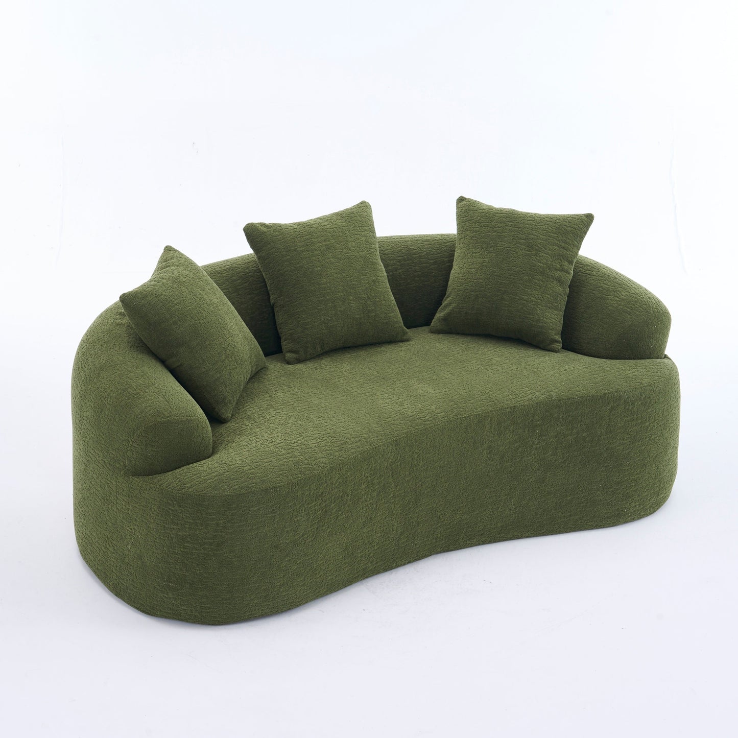 NEW Green Curved Loveseat: Compressed No Assembly, Chenille Small Sofa, 30D Sponge, Compact for Apartments, 65' L, 300Lbs, 3 Pillows