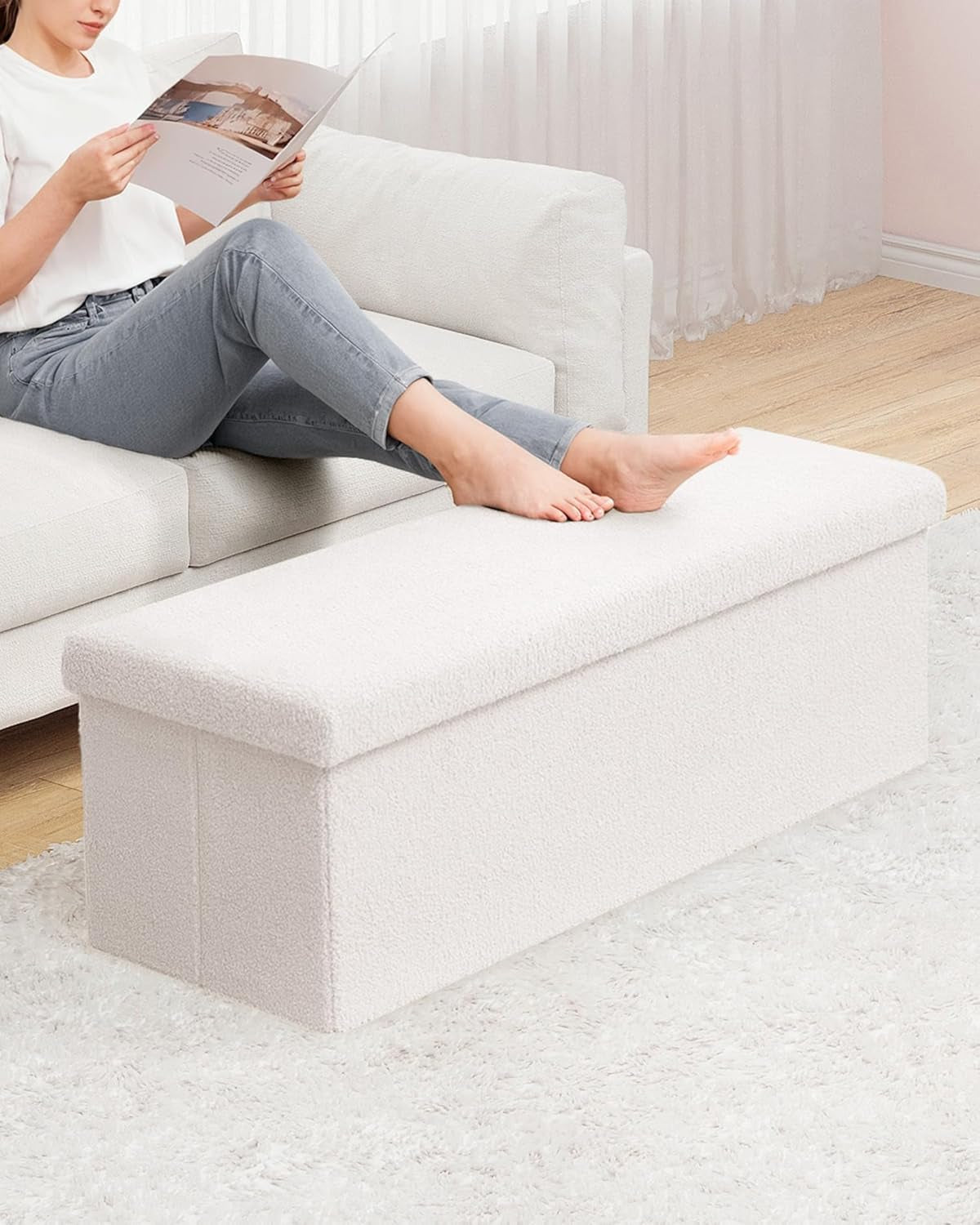 NEW Cream White Faux Fur Storage Ottoman 43.3 Inch Dimensions