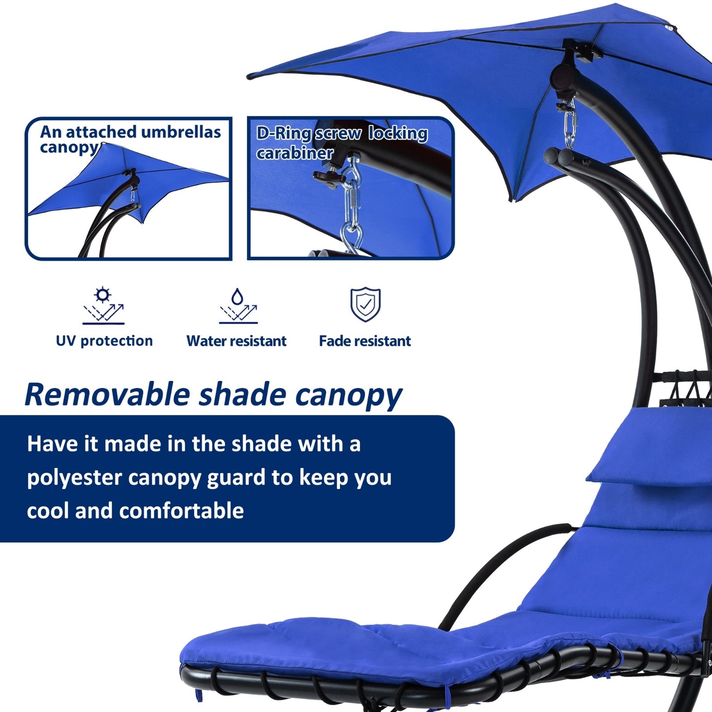 NEW Navy Blue Hanging Chaise Lounger With Removable Canopy Outdoor Swing Chair With Built-in Pillow