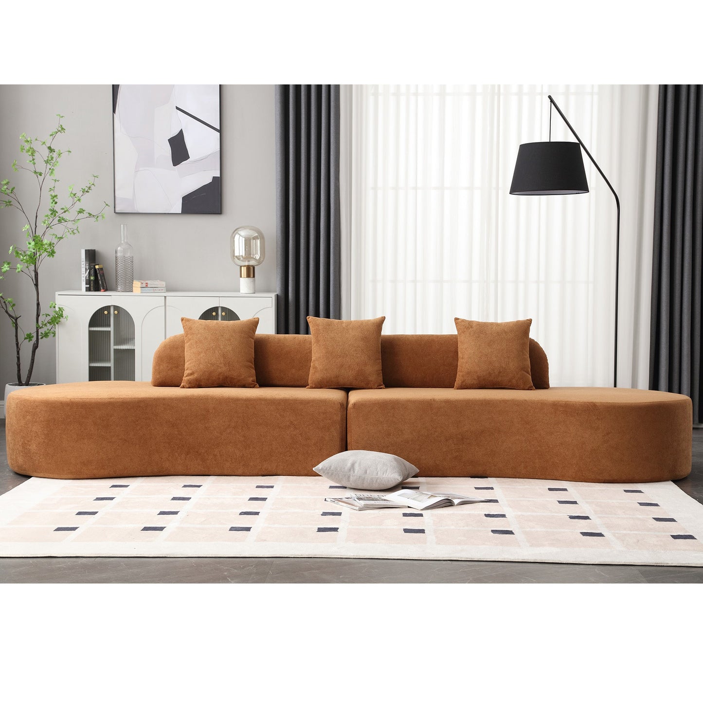 NEW  Modern curved combination sofa, terrycloth fabric sofa, minimalist sofa in living room, apartment, no assembly required, three pillows,Browm