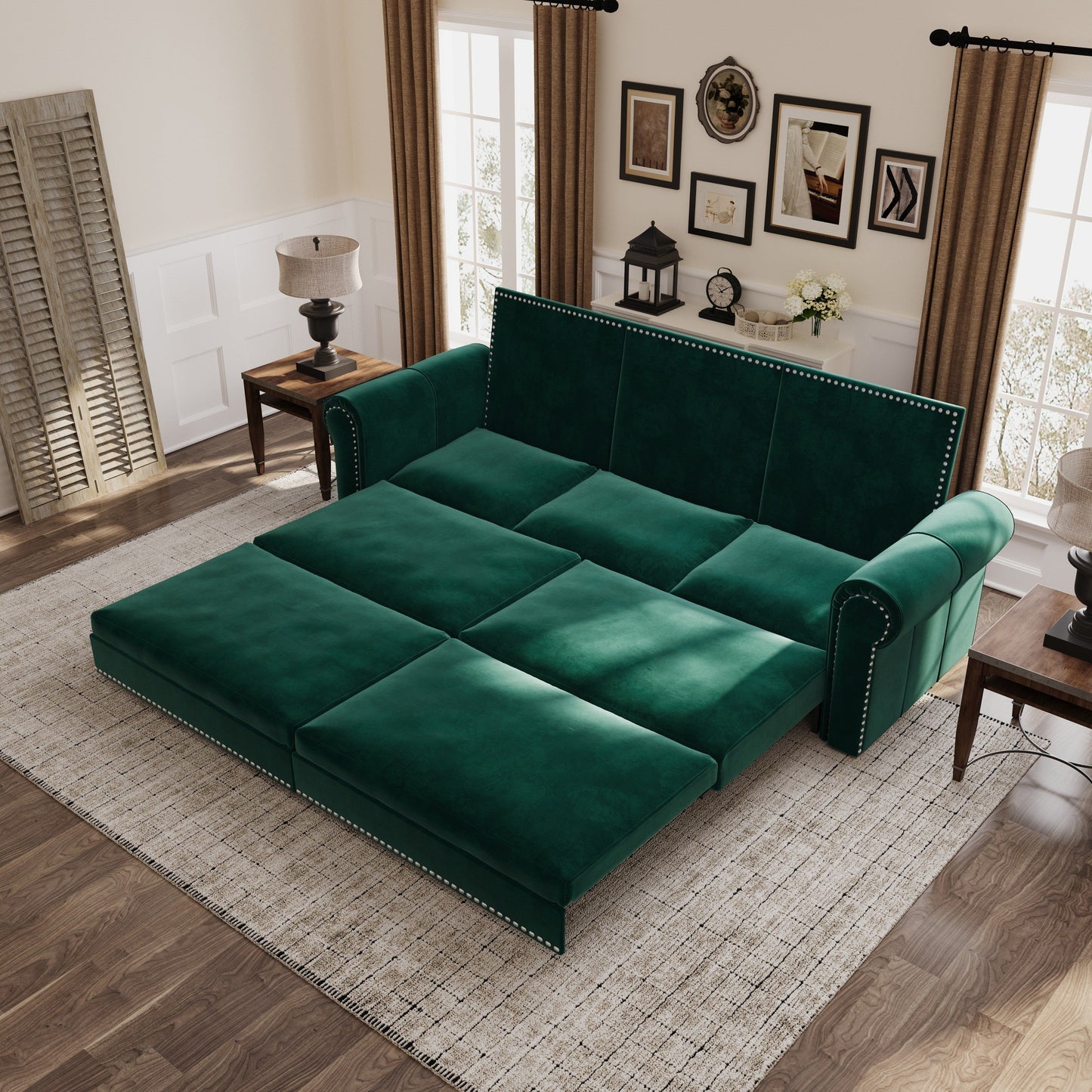 NEW 93.7' Green King 3-in-1 Velvet Convertible Sleeper Pull Out Sofa Bed with Nailhead Trim & Rolled Arm, Multi-Functional Sofa Bed