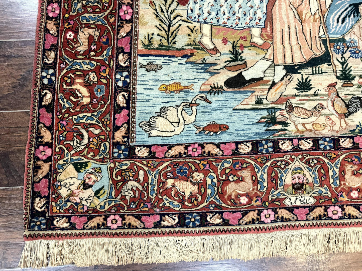 USED Wonderful Persian Kashan Pictorial Rug 4.7 x 6.5, Persian Rug for Wall Hanging, Handmade Antique Wool Carpet Animal Motifs Poetry Lovers, 240 KPSI