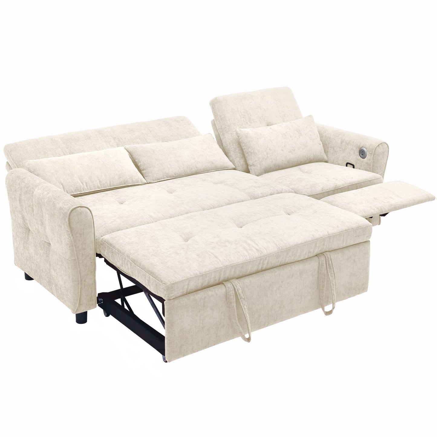 NEW Beige 82' Chenille Upholstered Two-in-One  Three-Seat Sofa with Pull-out Bed