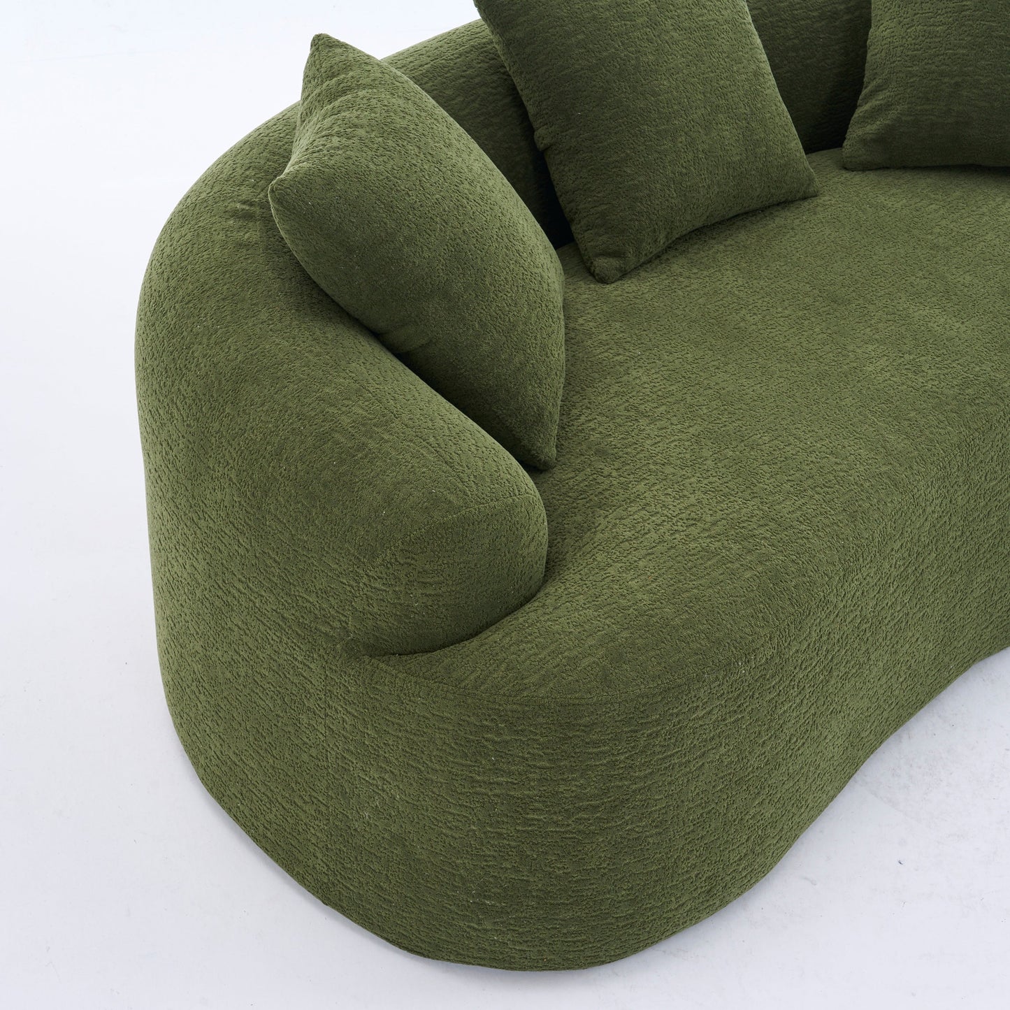NEW Green Curved Loveseat: Compressed No Assembly, Chenille Small Sofa, 30D Sponge, Compact for Apartments, 65' L, 300Lbs, 3 Pillows
