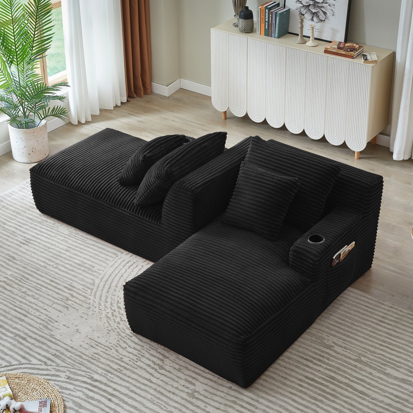 NEW Fluffy Black Corduroy Modern Compressible Double Chaise Lounge Loveseat Sleeper with Cupholders