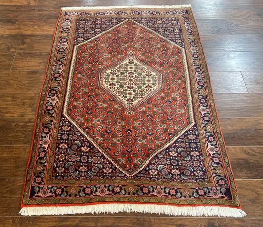 USED Persian Bidjar Rug 4x5, Finely Hand Knotted Vintage Carpet, Red and Navy Blue, Handmade Wool Rug, 180 KPSI