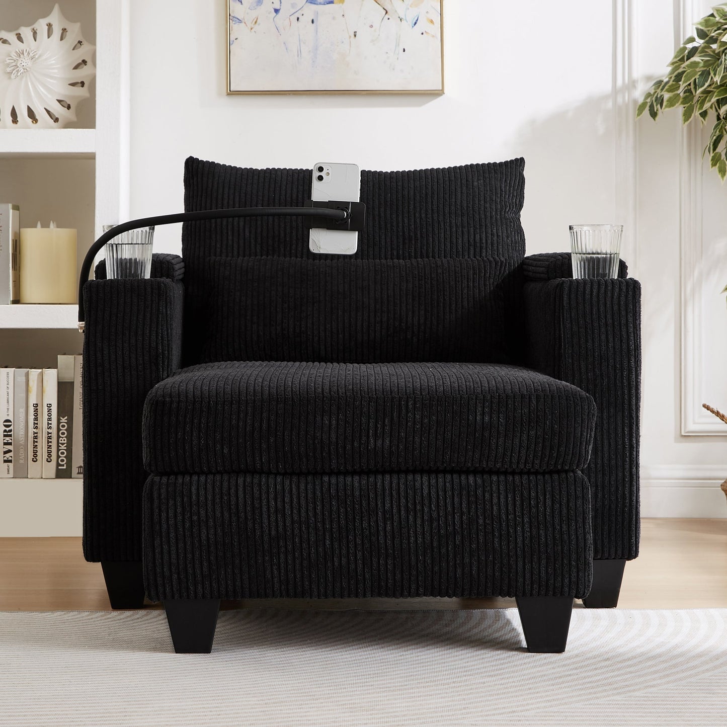 NEW Convertible Chaise Lounge Sofa Chair Bed with USB Ports, Cup Holders & Storage, Black Corduroy, 37.4'