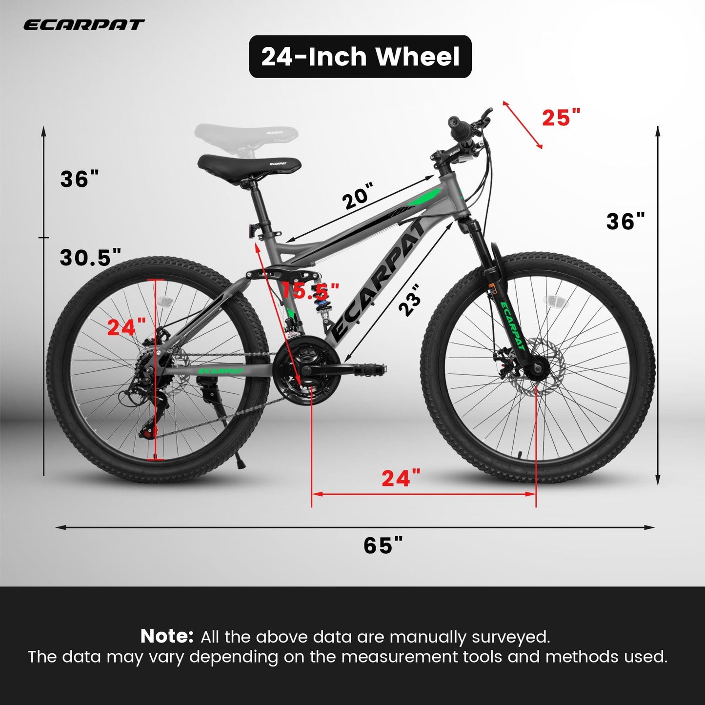NEW A2460 24 Inch Mountain Bike with Full Suspension, 21 Speed Grip Shifters, High Carbon Steel Frame, Mechanical Disc Brakes, Unisex for Men/Women/ Adults, Ideal for Trails.