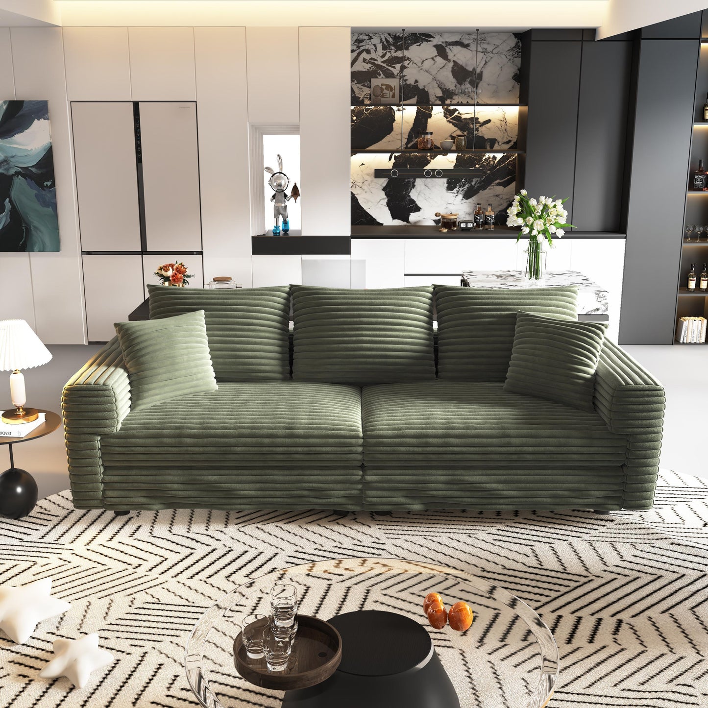 NEW 82.7' Modern Green Plush Corduroy 3-Seat Comfy Upholstered Sofa Cloud Deep Seat Couch with Soft Pillows