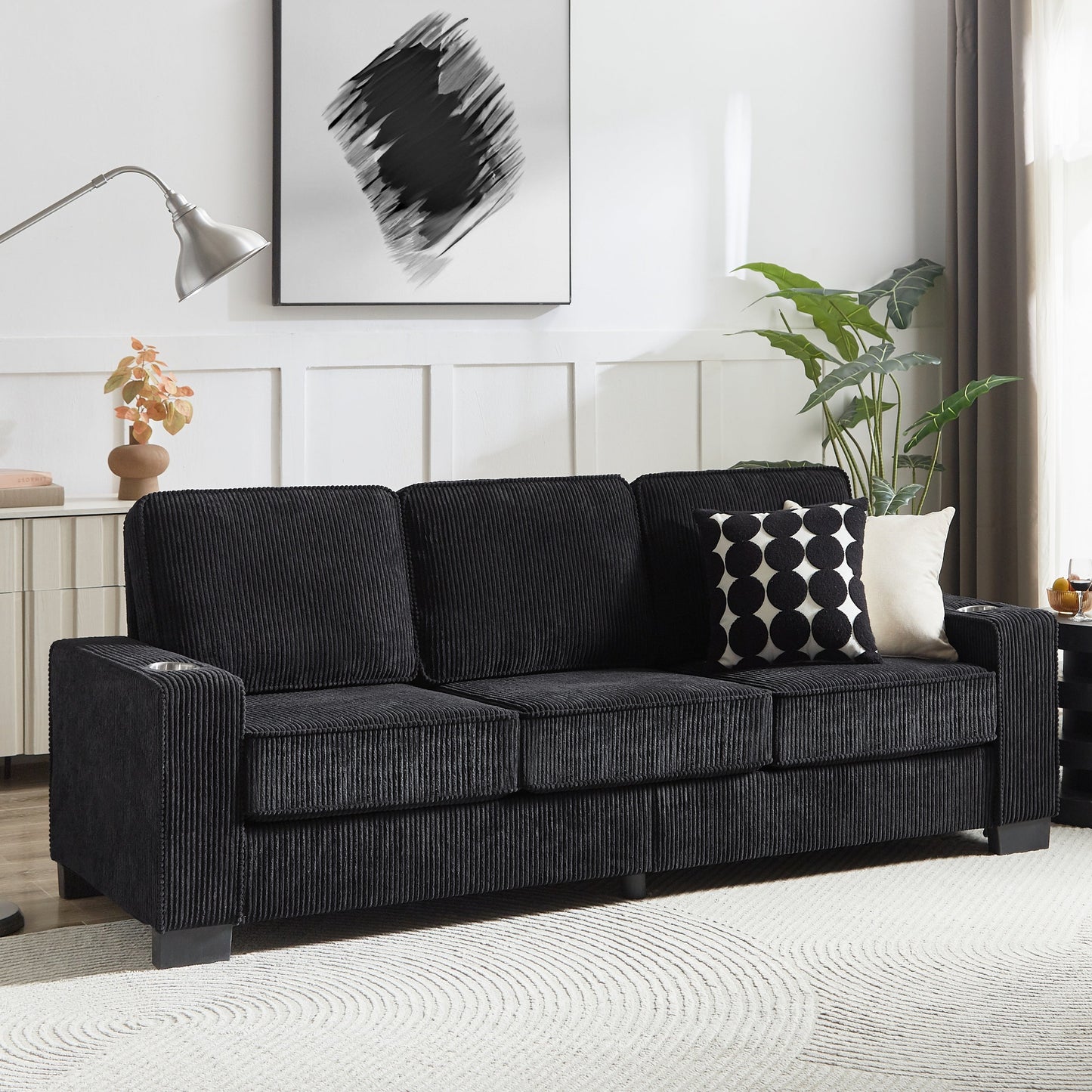 New Modern Corduroy Fabric Sofa, 3-Seater Compressed Couch
