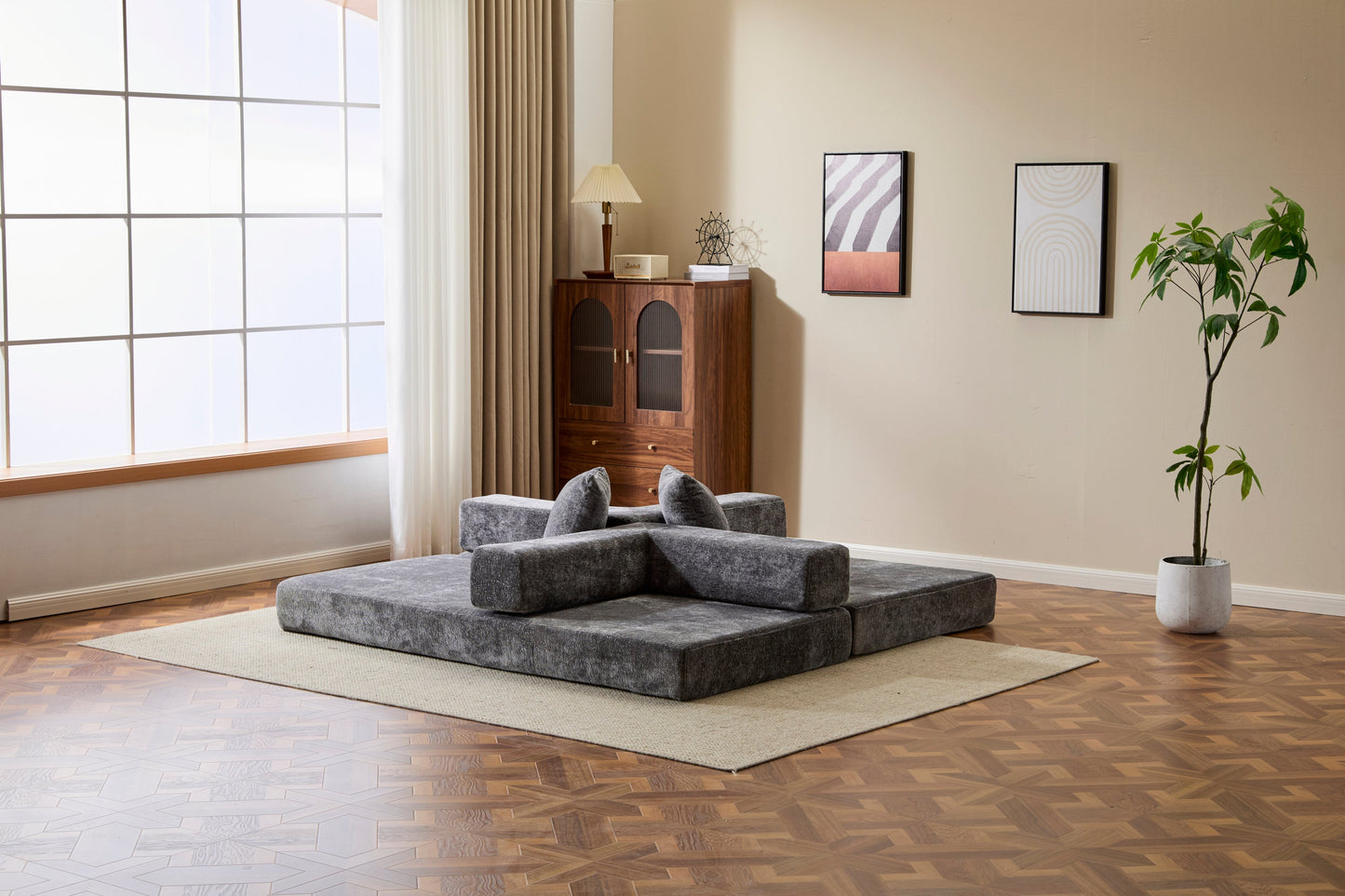 NEW Floor Couch,Compression Sofa,Convertible Floor Sofa Bed-with Pillow Back Support Armrest,Comfy Futon Couch Lounge Sleeper Bed,Chenile fabric,for Living Room Bedroom (DARK-GREY)