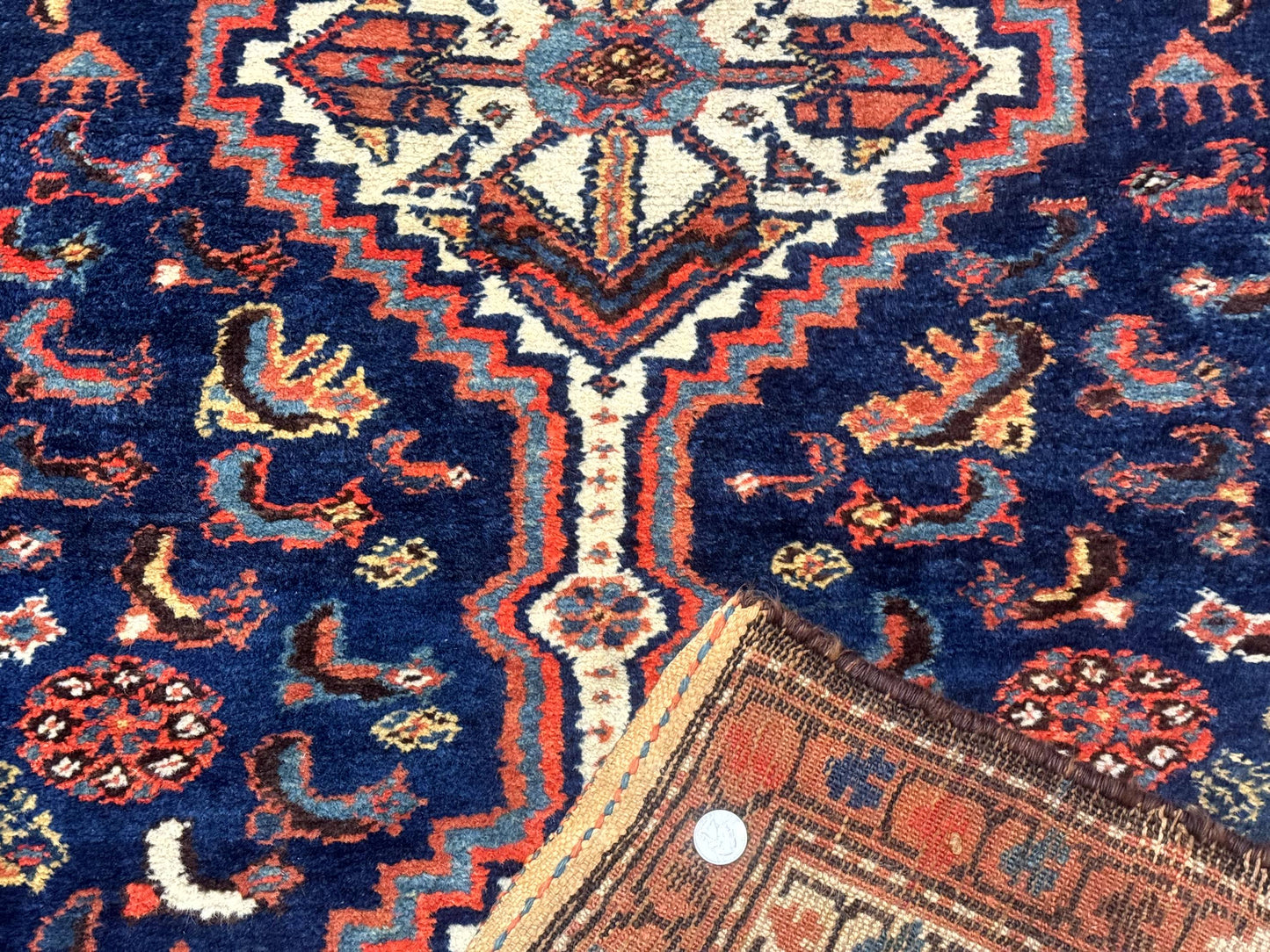 USED Antique Persian Hamadan Rug 4x6, Geometric, Double Medallions, Navy Blue, Tribal Carpet
