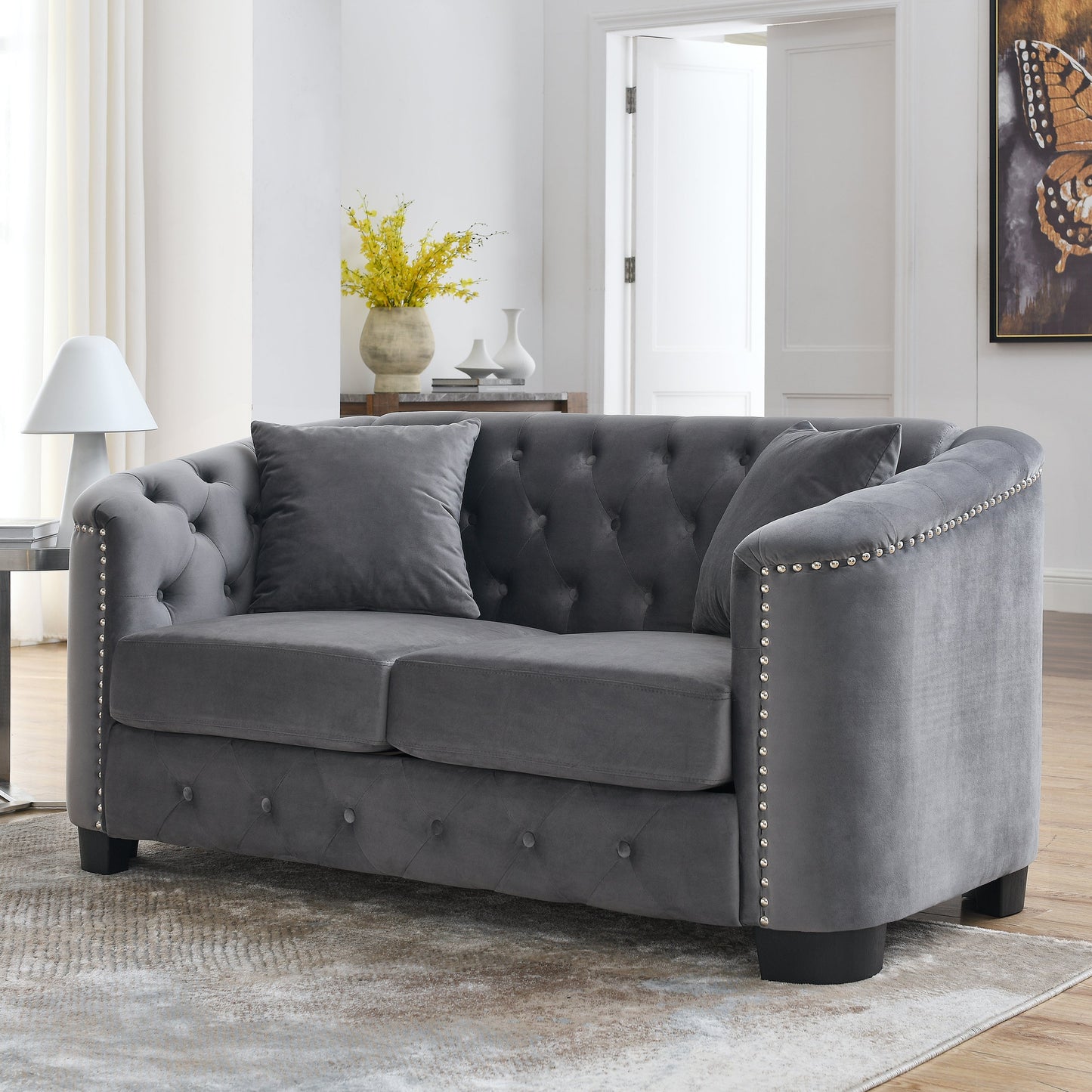 NEW Grey 59-Inch Modern Chesterfield Velvet Sofa 2-Seater Couch Upholstered Tufted Backrests with Nailhead Arms and 2 Cushions