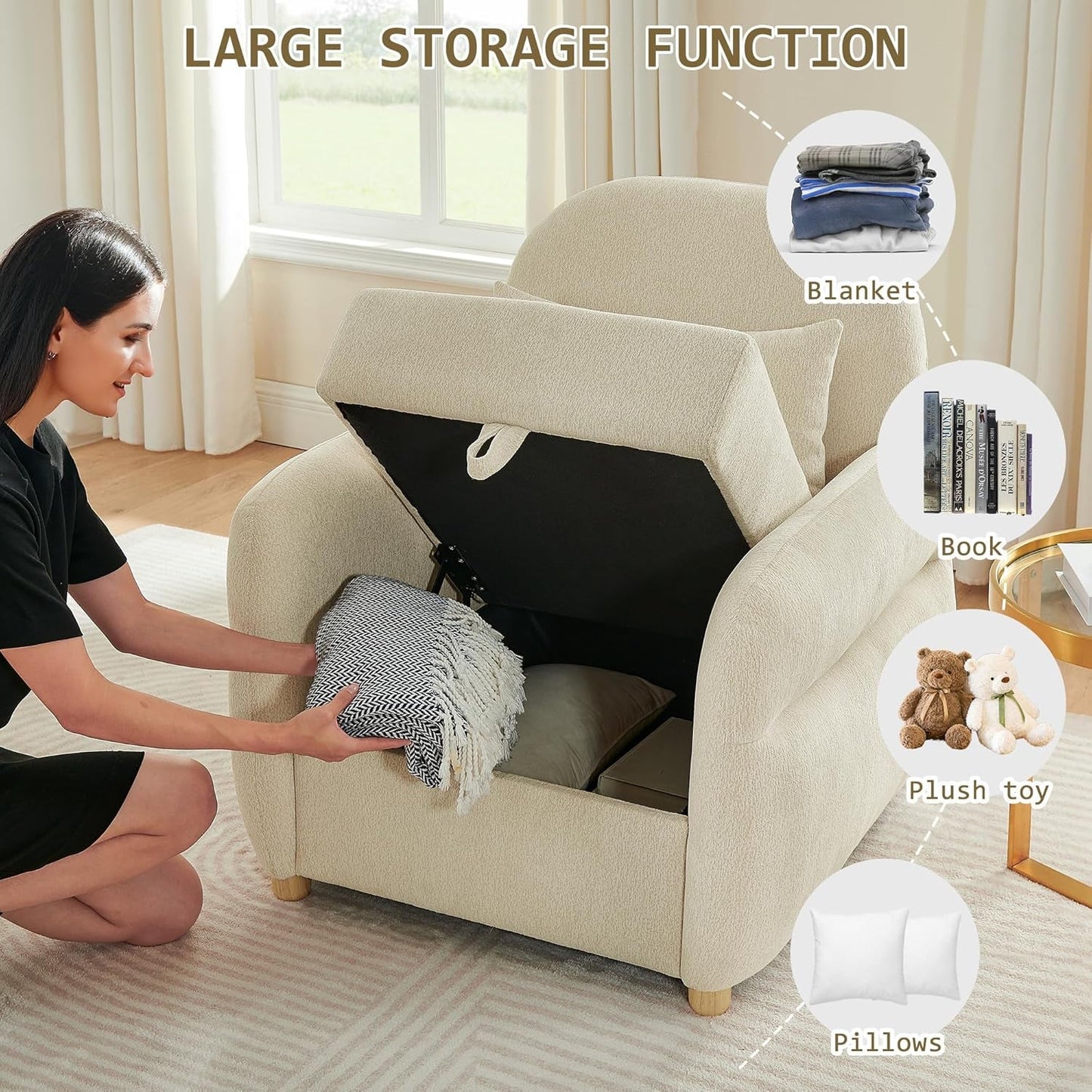 NEW Beige Contemporary Accent Chair With Generous Storage