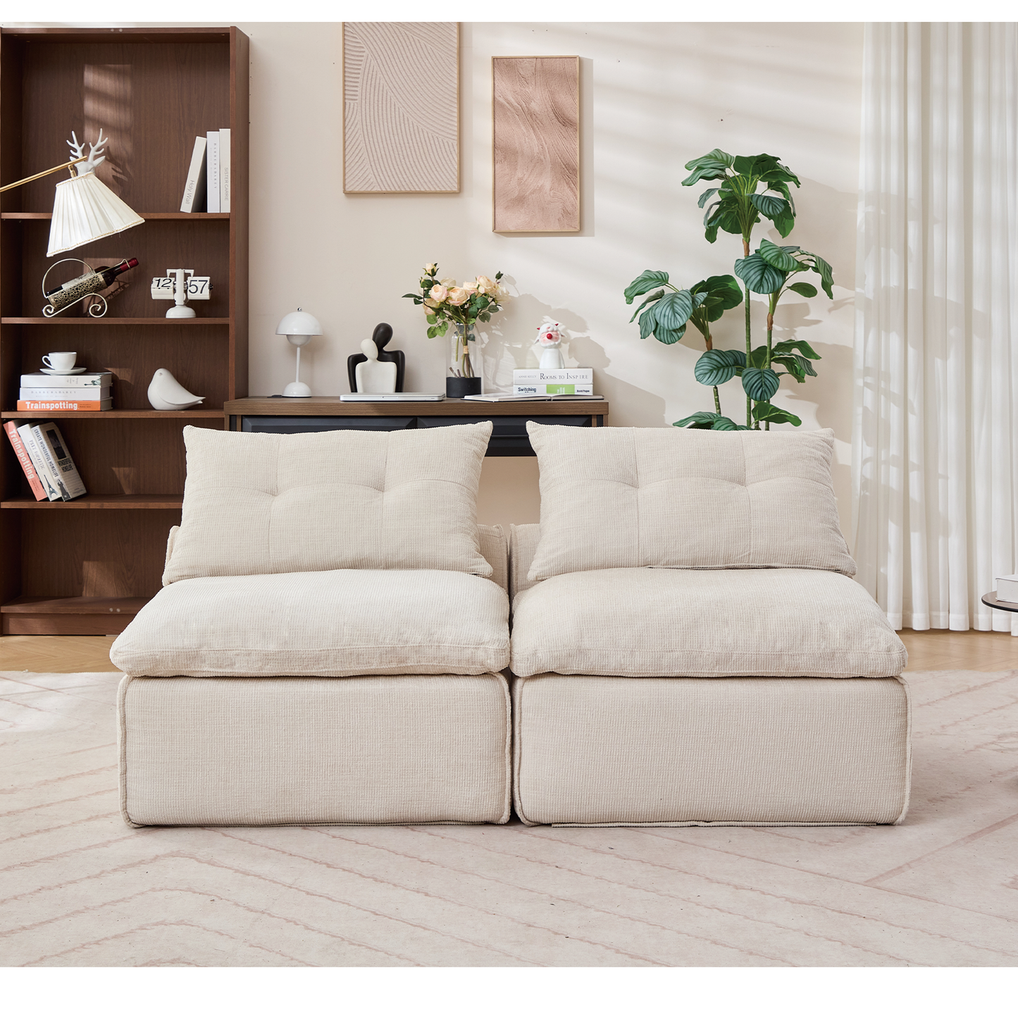 NEW Modular Sofa,No Armrests,At will DIY,Soft Chenille Fabric,Neck Pillow-Back Lounge Sofa Chair,Reading Nook, or Apartment Living, Lumbar Pillow,2 Seats,Upholstered,Beige