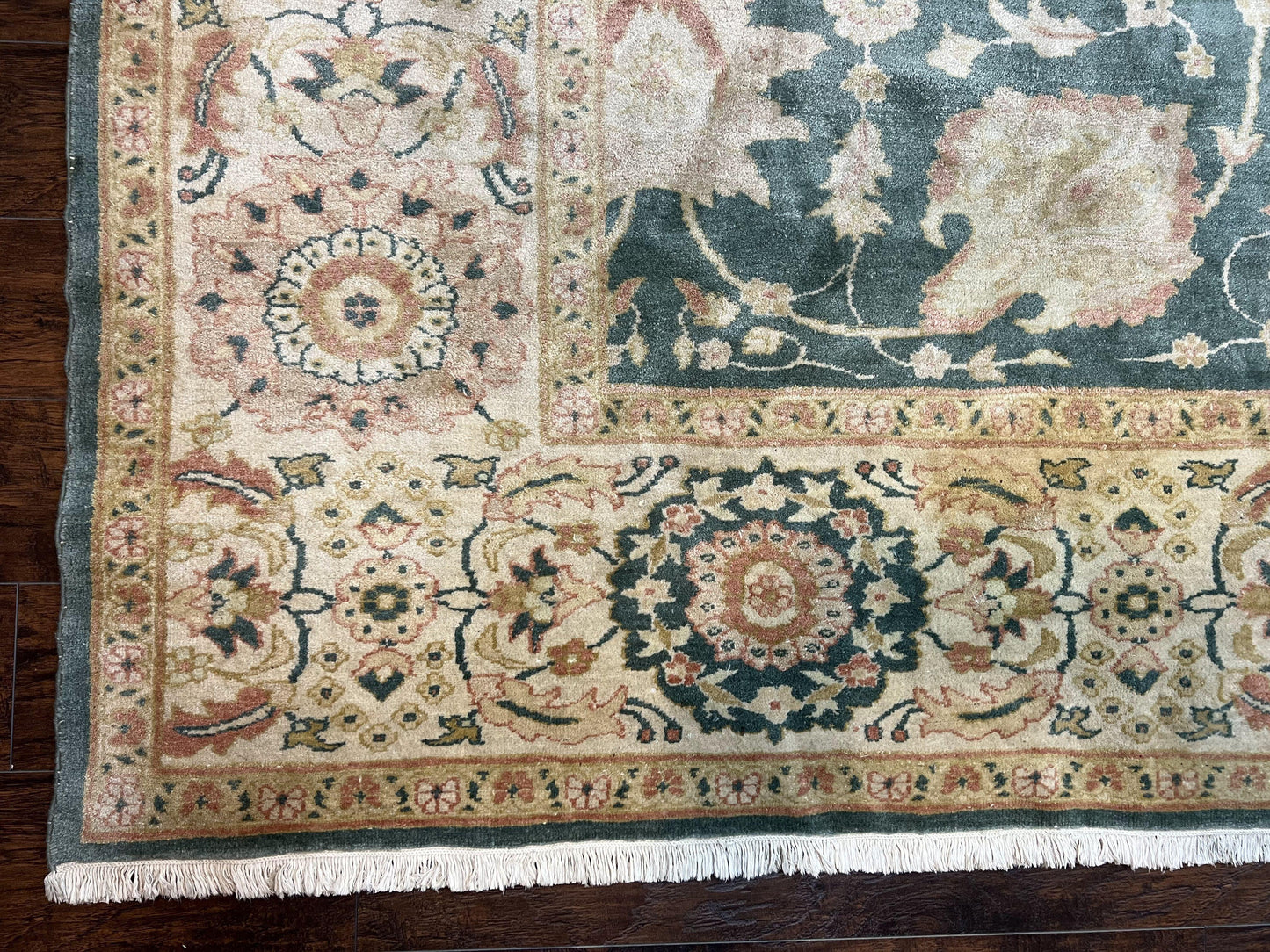 USED Egyptian Mahal Rug 10x14, Large Vintage Floral Hand Knotted Wool Carpet 10 x 14, Dark Green and Beige Traditional Handmade Persian Area Rug