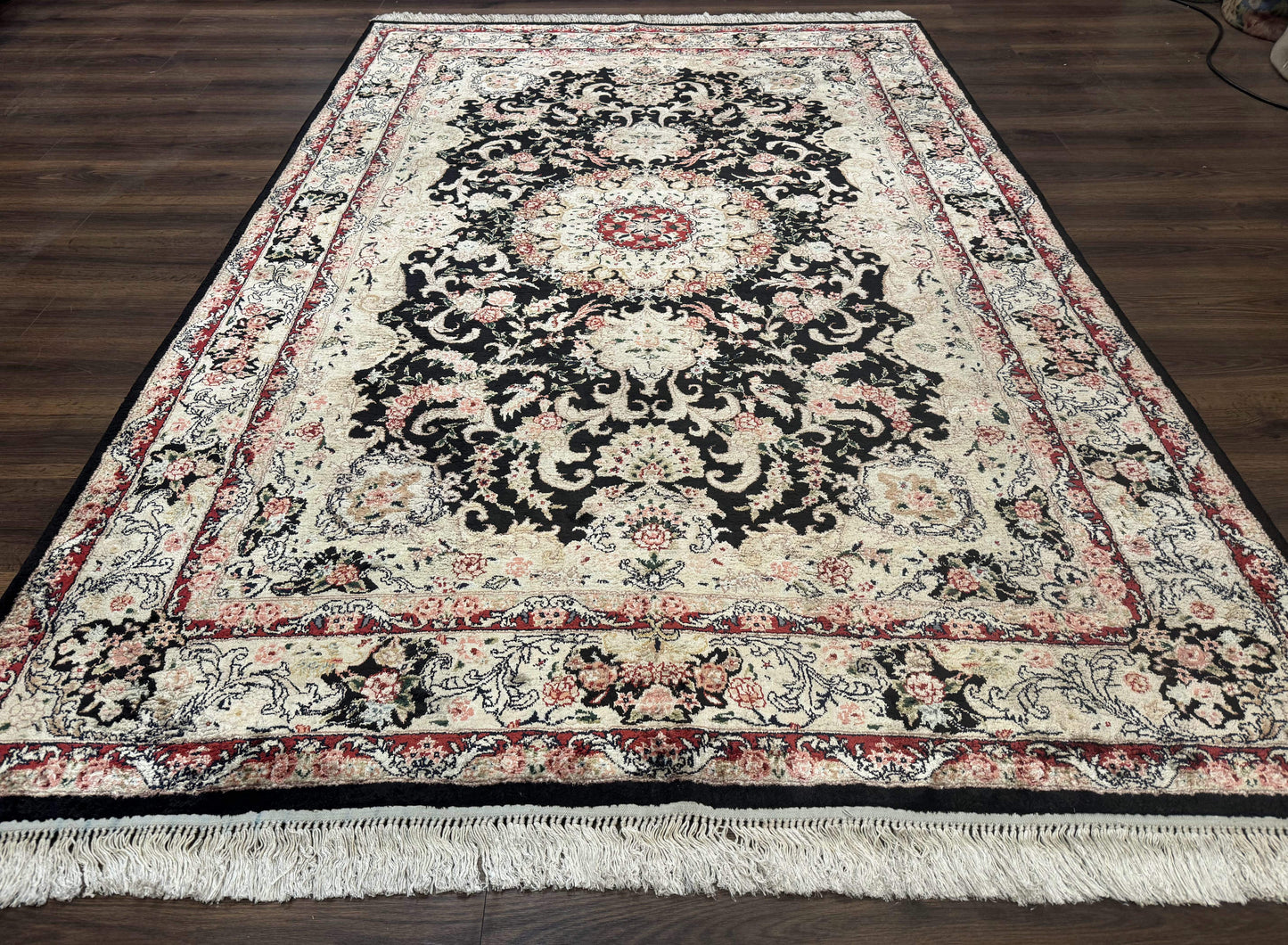 USED Indian Kashmiri Silk Rug, Floral Medallion, Vintage Hand Knotted Carpet