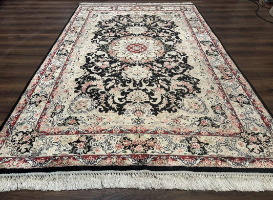 USED Indian Kashmiri Silk Rug, Floral Medallion, Vintage Hand Knotted Carpet