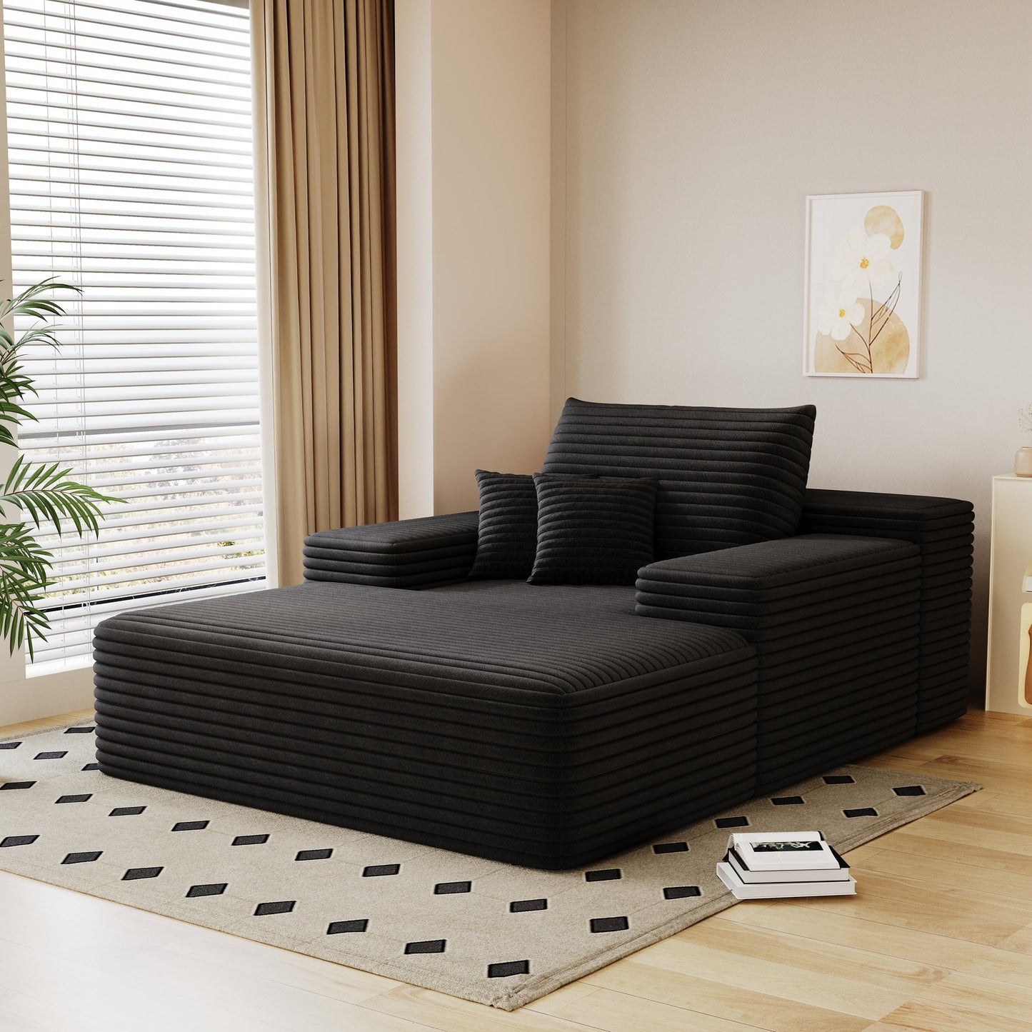 NEW Modern Black Plush Corduroy Fabric Sofa Bed Lounger