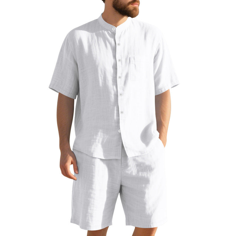 New American Linen Suit Men's Summer Two-piece Suit Henry Collar Beach
