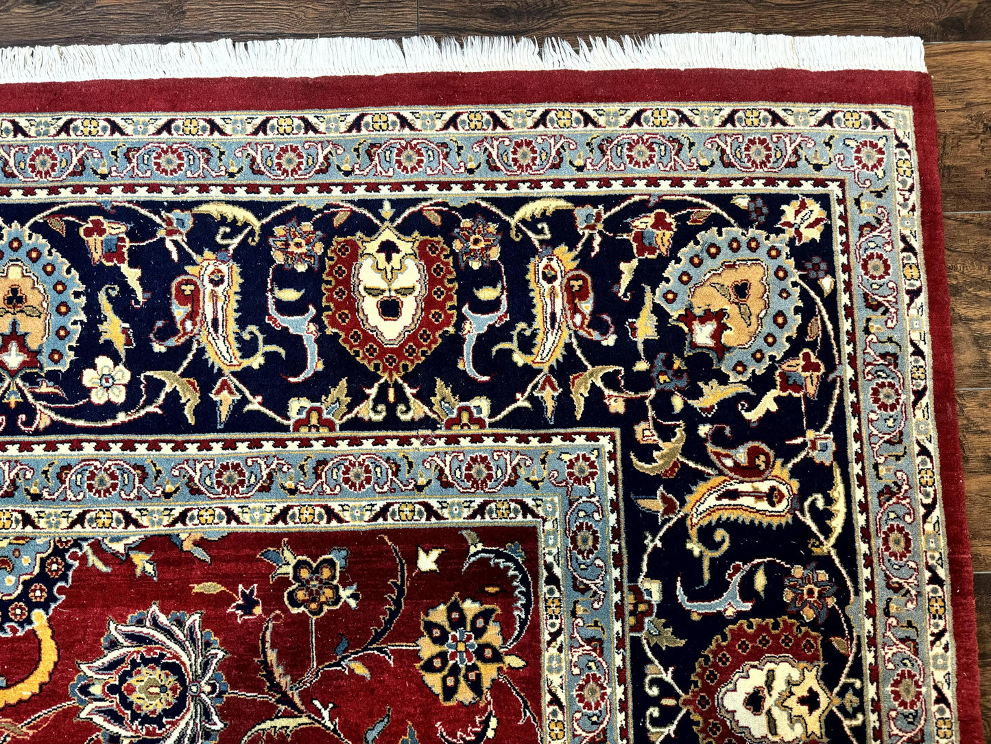USED Pak Persian Rug 9x12, Red and Navy Blue, Floral Allover, Hand Knotted Vintage Wool Carpet, Fine 260 KPSI