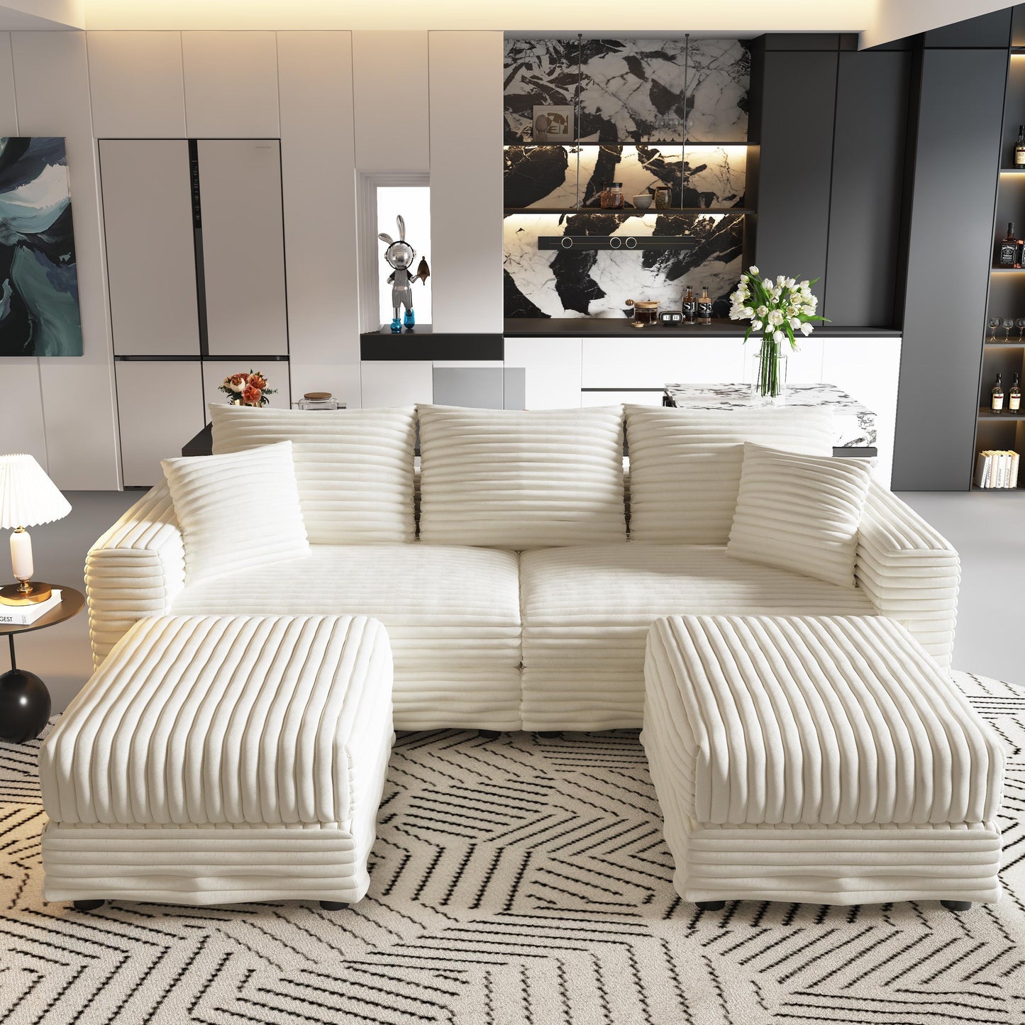 NEW 82.7 ' Plush Corduroy 3-Seat Sofa, Modern Comfy Upholstered Sofa Cloud Couch, Deep Seat Couches with Soft Pillows and 2 Ottomans, Convertible Sofa Lounge Chair, for Living Room,Apartment,Office,Beige