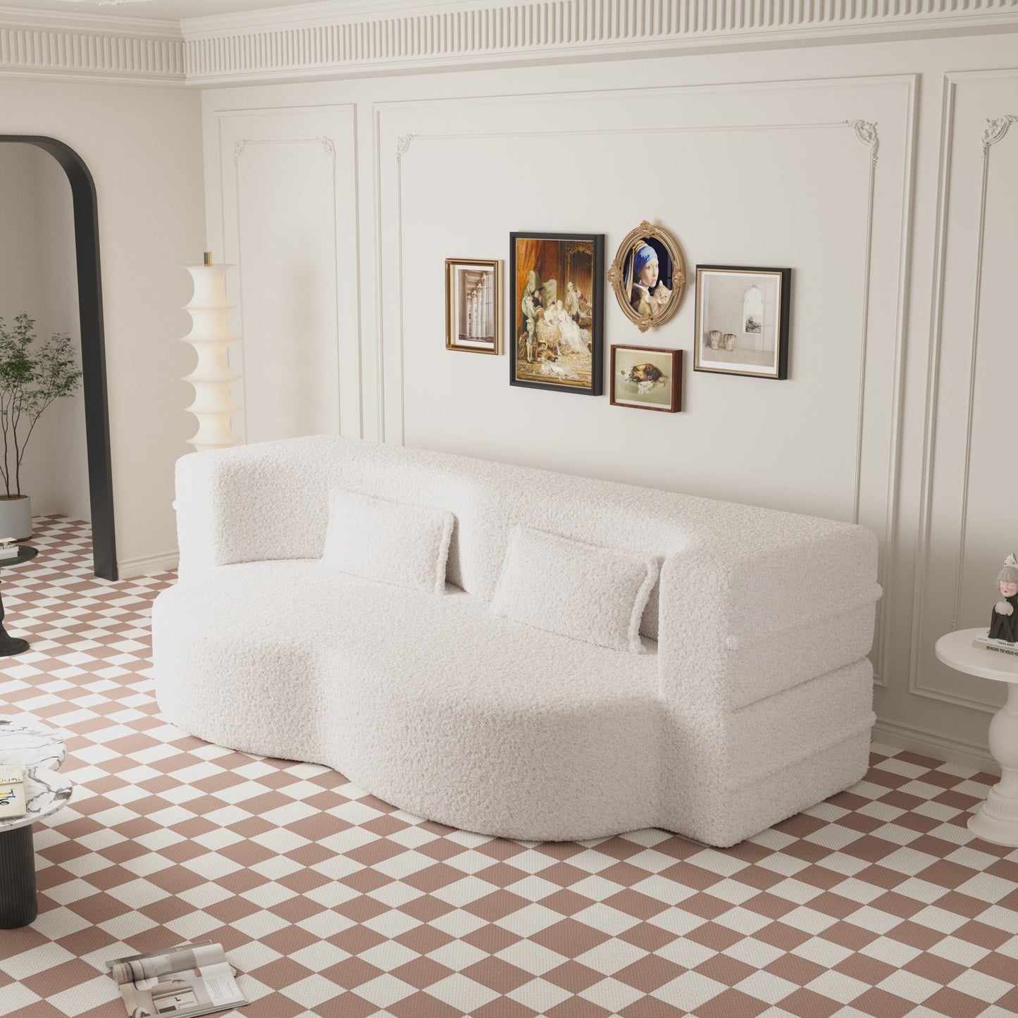 NEW Modern Floor Sofa with 2 Pillows,Convertible Teddy Fabric Foam Filled Sleeper Sofa Bed,15 ' Full Size Folding Mattress for Living Room,Guest Bed,Playroom,no assembly required,Beige