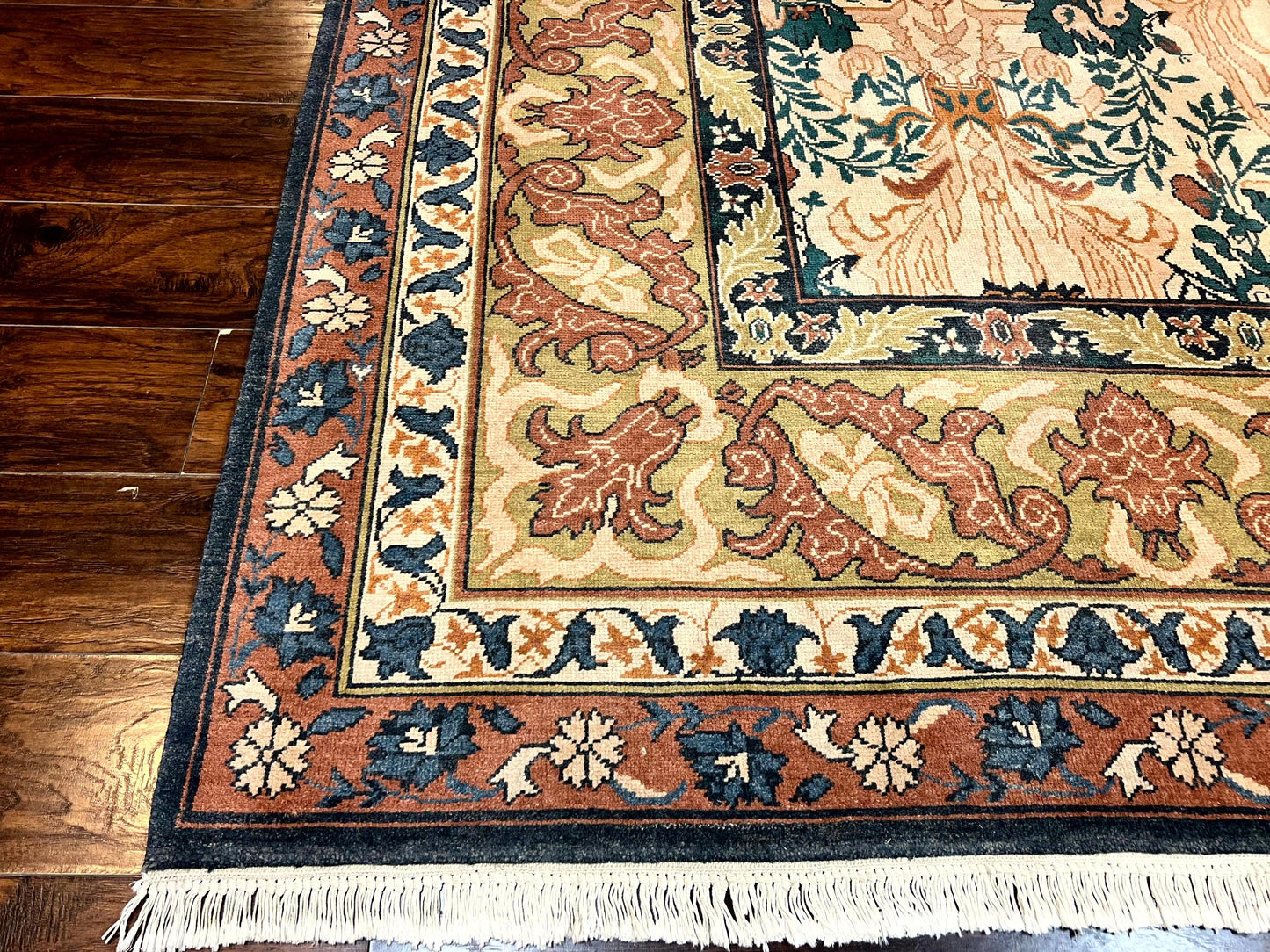 USED 10x13 Wool Rug, Floral Pattern, Birds, Handmade Vintage Carpet, Couristan Rug, Beige