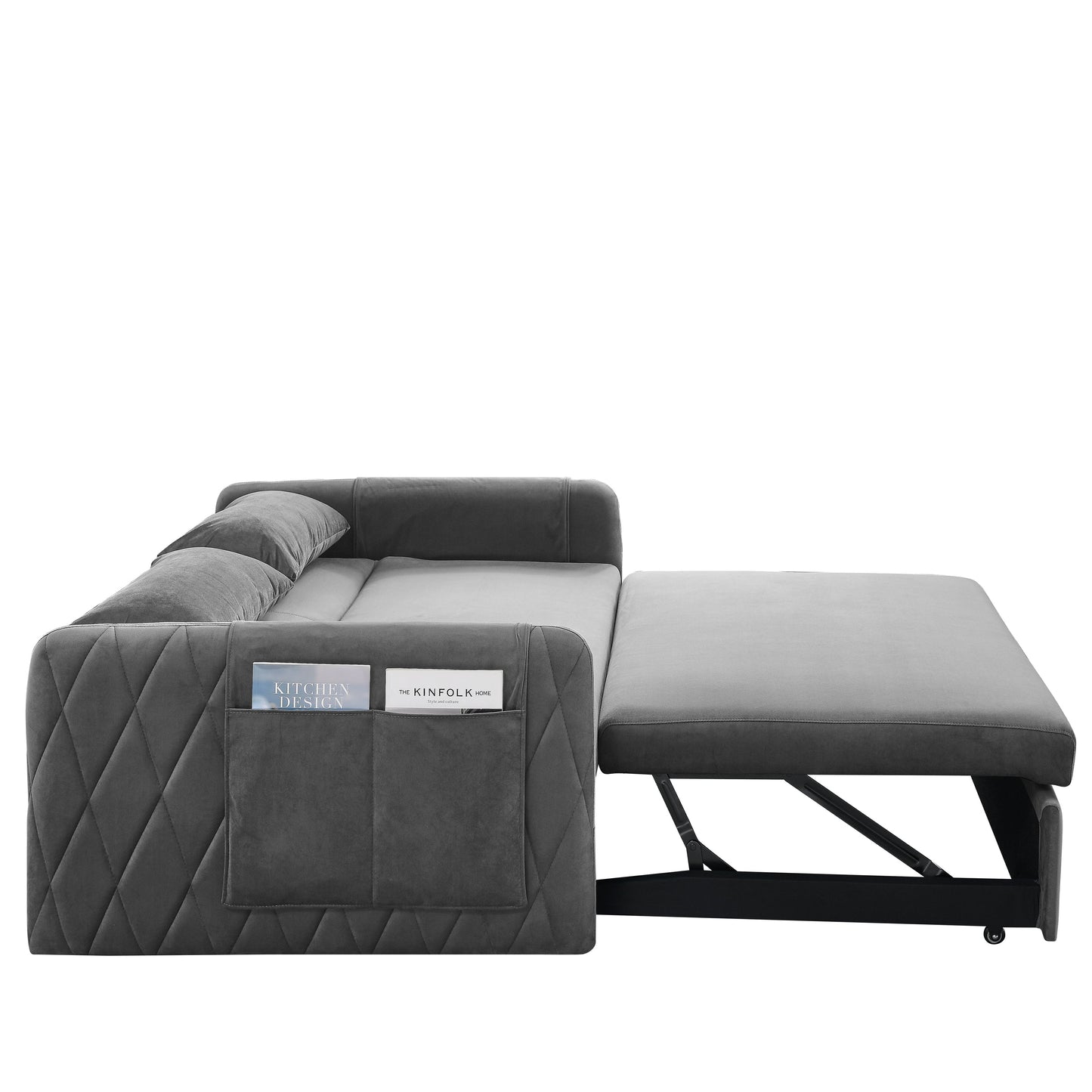 NEW 55' Modern Convertible Sofa Bed 2 Detachable Arm Pockets Velvet Loveseat Adjustable Backrest Grid Design Armrest Couch Sofa with Pull Out Bed and 2 Pillows