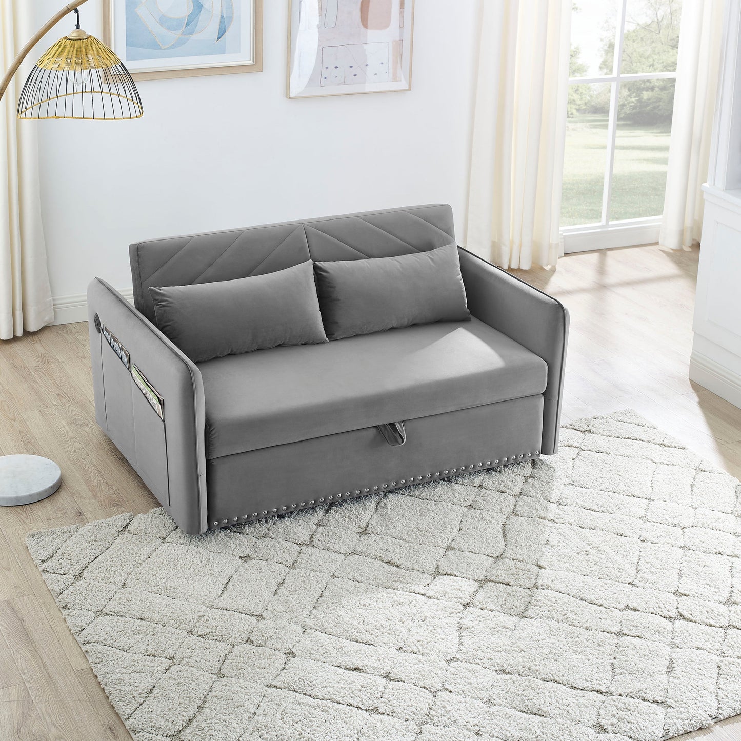 NEW MH' Sleeper Sofa Bed w/USB Port 3-in-1 Adjustable Sleeper with Pull-Out Bed 2 Lumbar Pillows