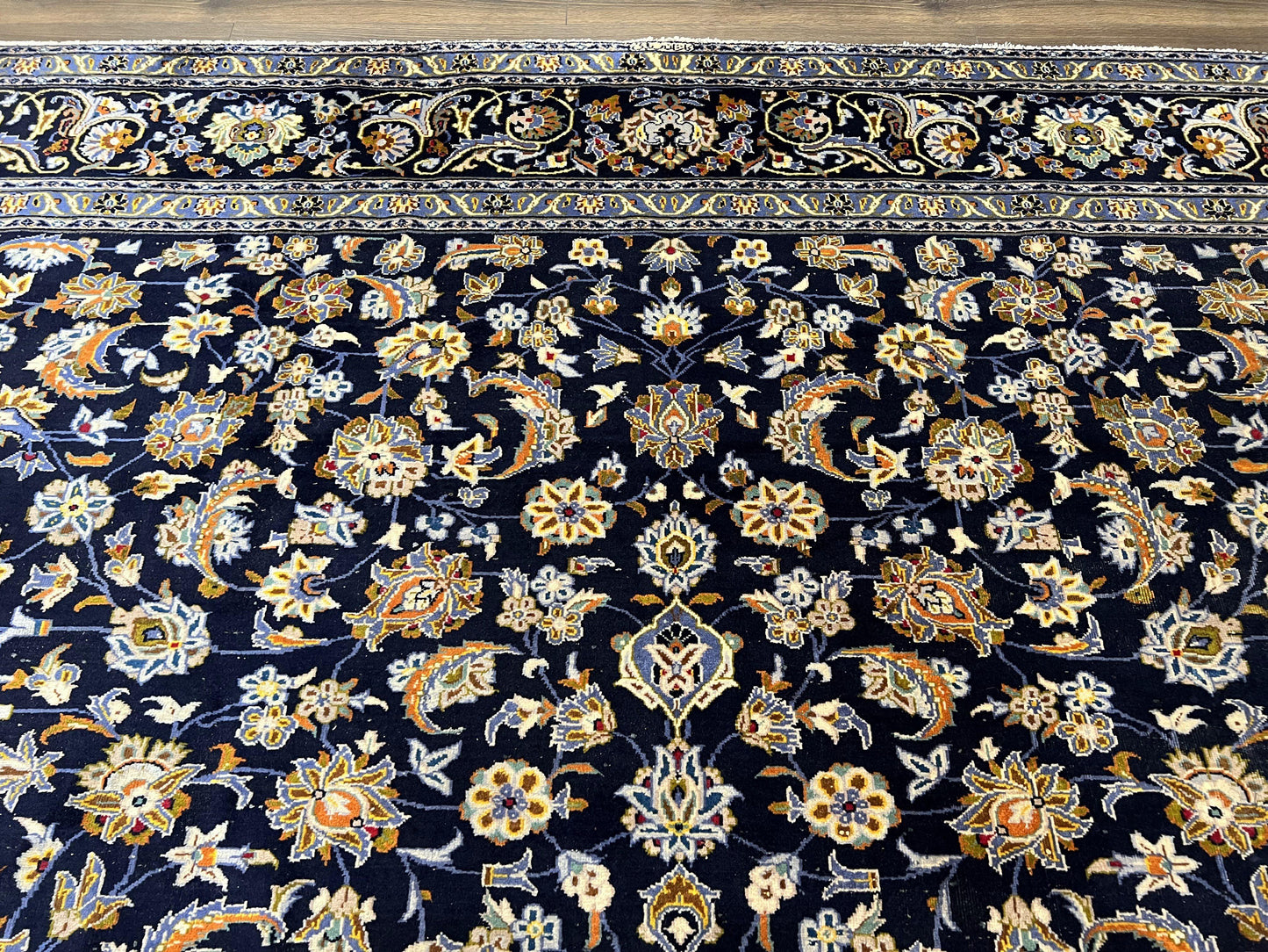 USED Wonderful Navy Blue Persian Kashan Rug 11x13, Allover Floral Design with Central Medallion, Wool Hand-Knotted Antique Carpet, Signed Rabani Rug