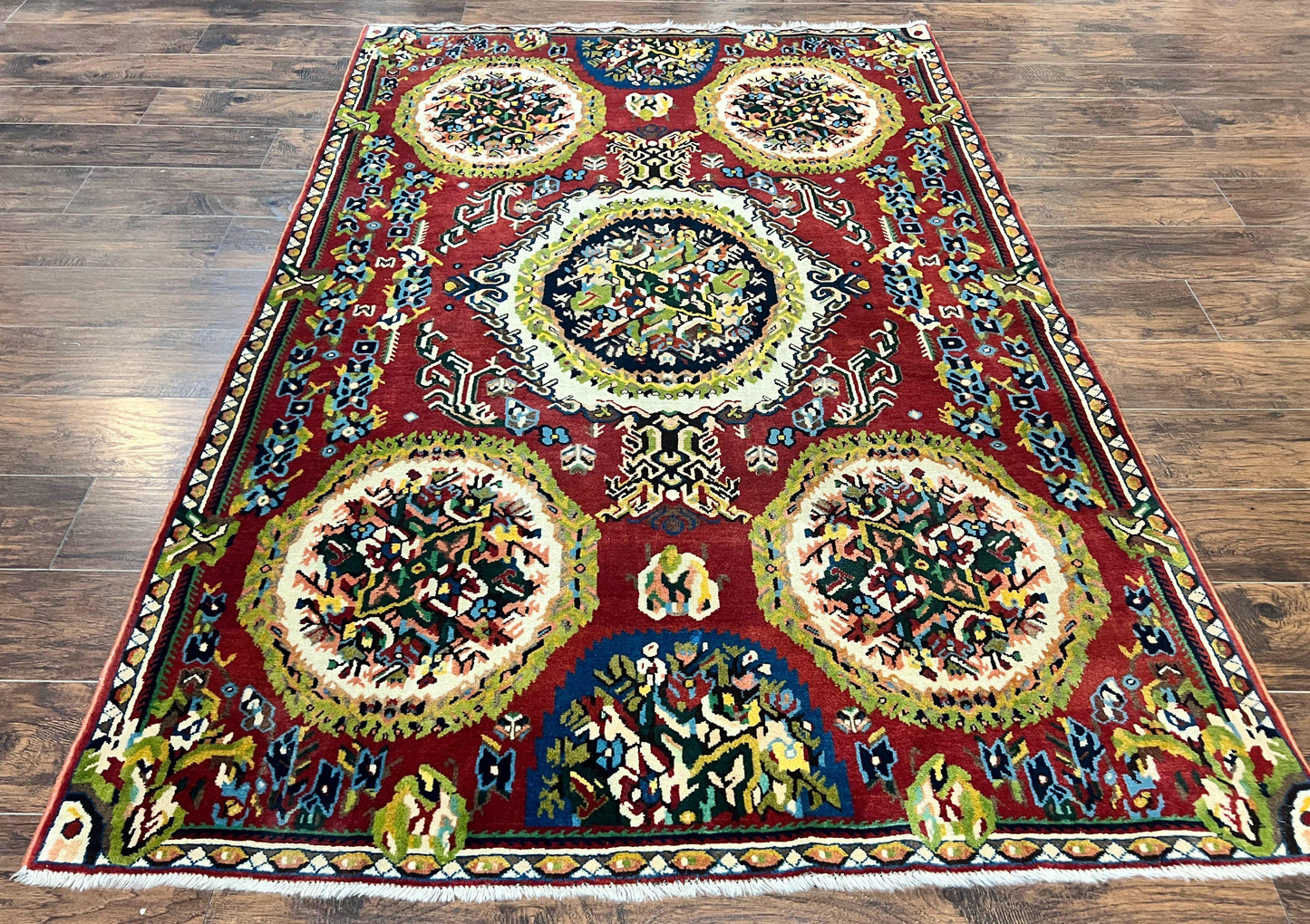 USED Persian Bakhtiari Rug 5x8, Wool Hand Knotted Antique Carpet, Red, Floral Oriental Rug, 5 x 8 Medium Sized Rug