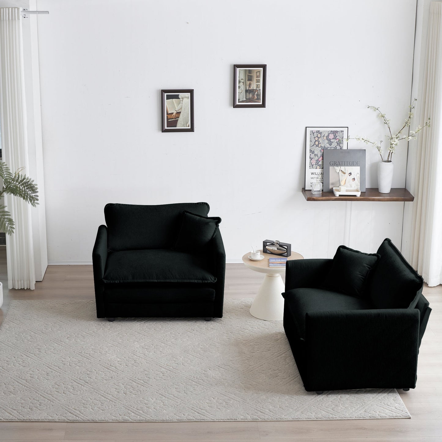 NEW 2pc High-end Black Chenille Upholstered Accent Armchair Side Chair Set with Toss Pillow