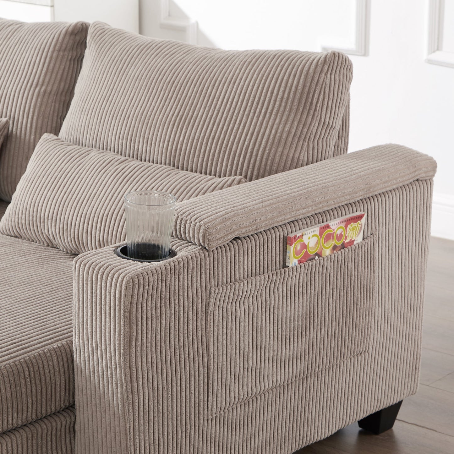 NEW Convertible Chaise Lounge 63' Loveseat Sofa Bed with USB Ports, Cup Holders, Phone Holder, Storage, Brown Corduroy