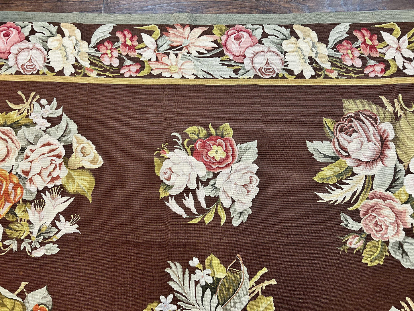 USED Vintage Needlepoint Rug 9x12, Large Handmade Hand-woven Needlepoint Carpet, Brown Area Rug, Floral Bouquets, Wool Rug, European Design
