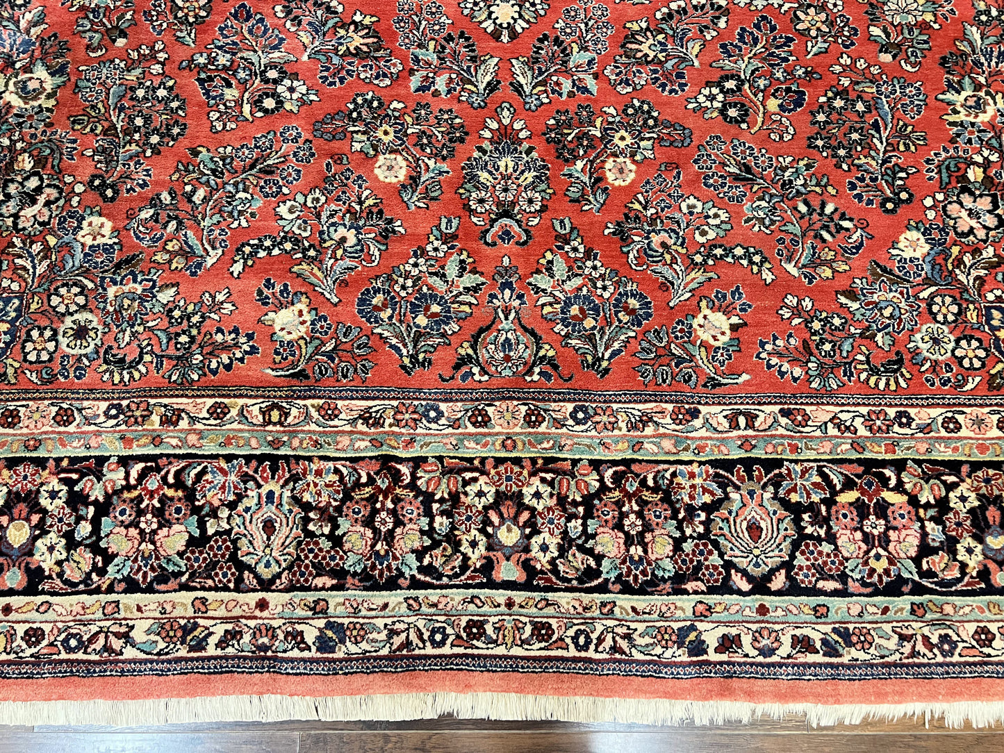 USED Square Persian Sarouk Rug 11x11 ft, Rare Size, Hand Knotted Wool Floral Allover Red Persian Carpet, Handmade Antique Rug