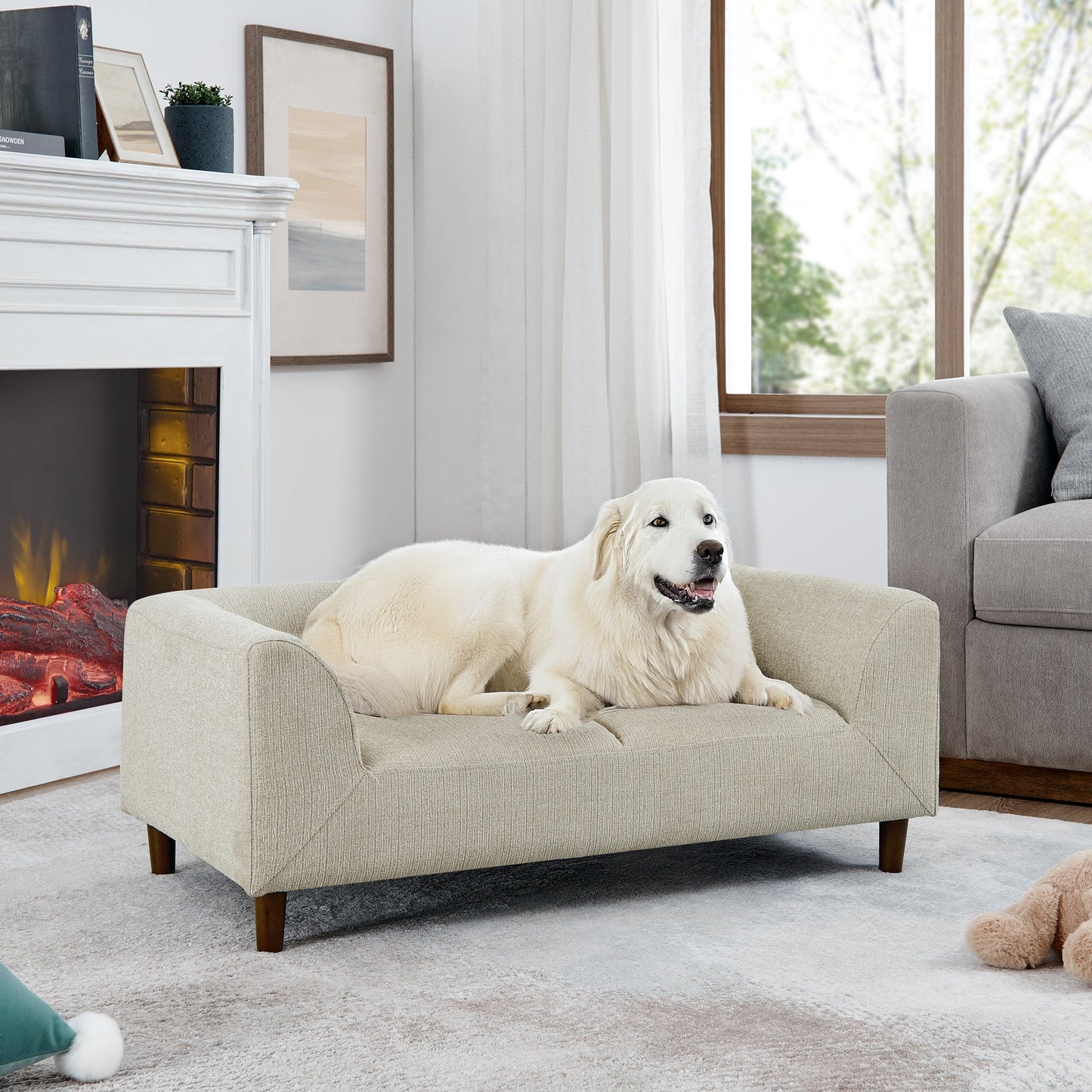 NEW Modern Light Beige Small Medium Dog Rectangular Pet Sofa with Backrest and Armrests