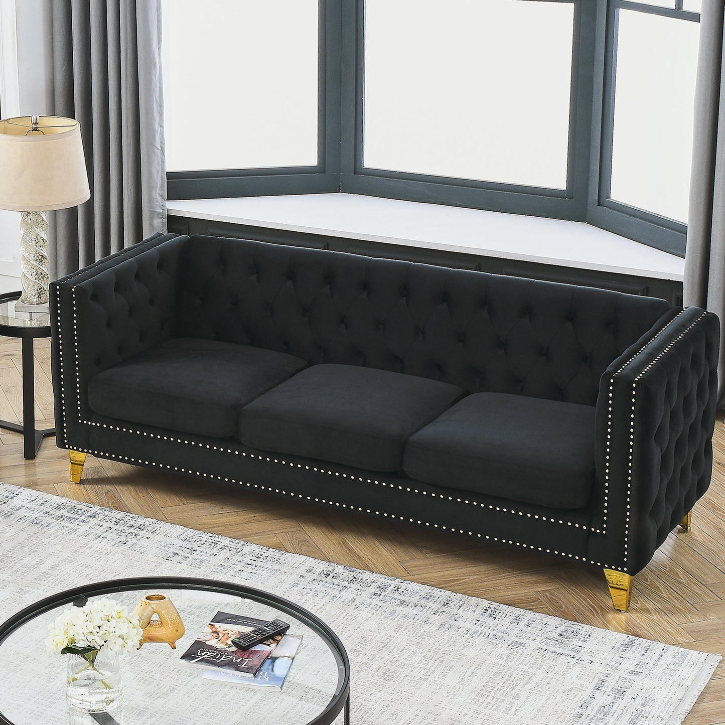NEW Black Velvet Tufted Button Square Arm Modern Couch Sofa with Metal Legs