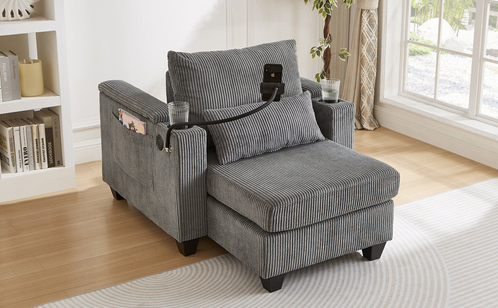 NEW Convertible Chaise Lounge Sofa Chair Corduroy Sleeper with USB Ports Cup Holders and Storage