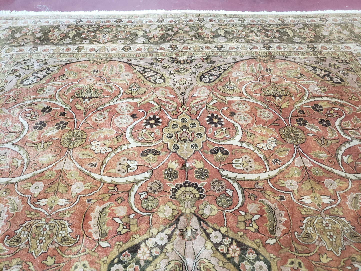 USED Indo Persian Rug 8x10, Vintage Indian Rug 8 x 10, Fine Hand-Knotted Wool Rug, Rose Clay Red Beige Brown Handmade Area Rug, Floral Medallion