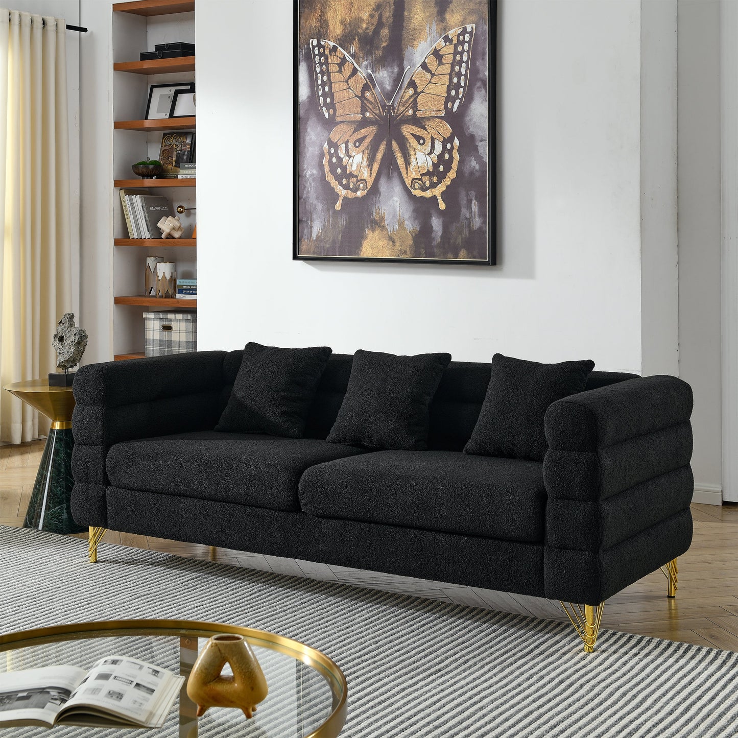 NEW 81 Inch Oversized 3 Seater Sectional Sofa, Living Room Comfort Fabric Sectional Sofe-Deep Seating Sectional Sofa, Soft Sitting with 3 Pillows for Living Room,Bedroom,Office, Black teddy(W834S00035)