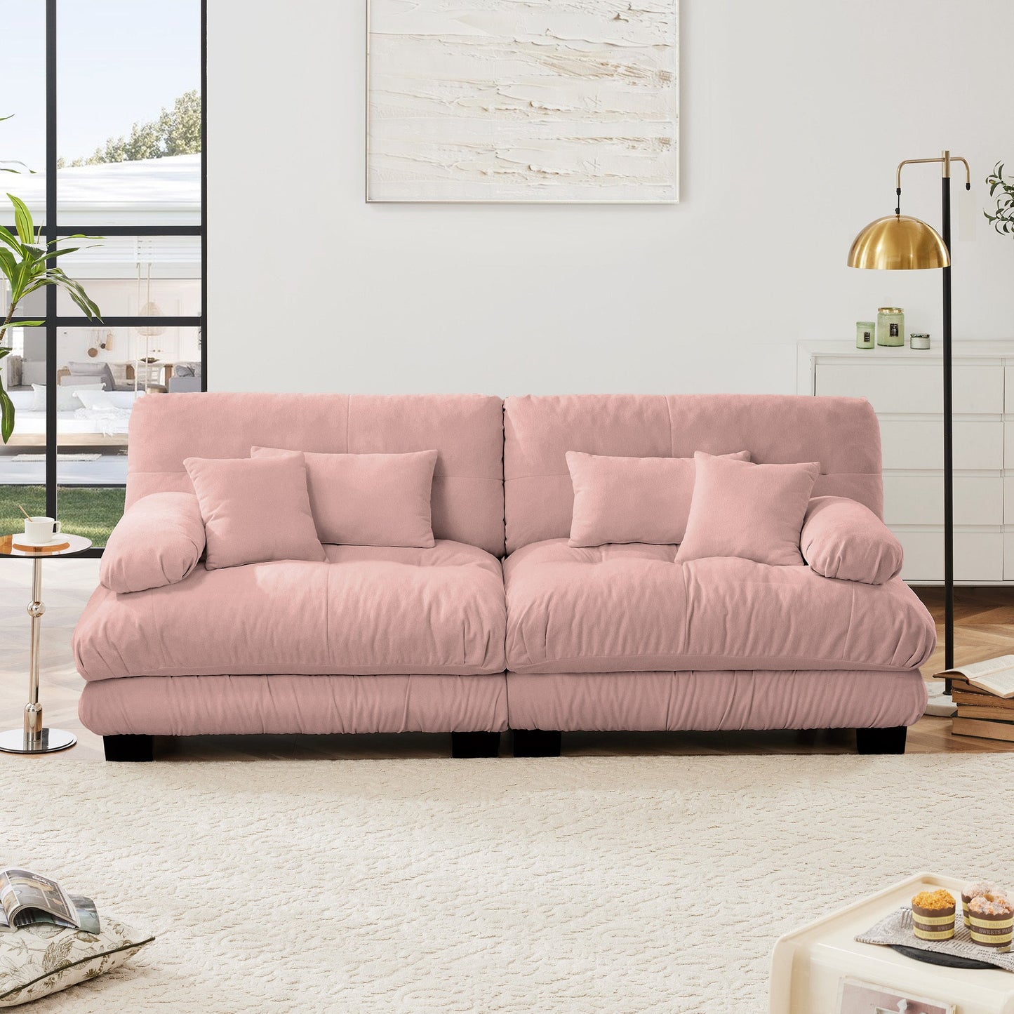 NEW Chenille Pink Cloud 2 Seater Sofa Couch with 2 Lumbar Pillows and 2 Throw Pillows