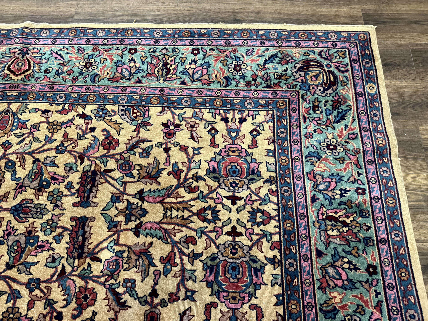 USED Antique Persian Rug 10x15, Camel and Cyan, Allover Pattern, Rare, Samarkand Rug