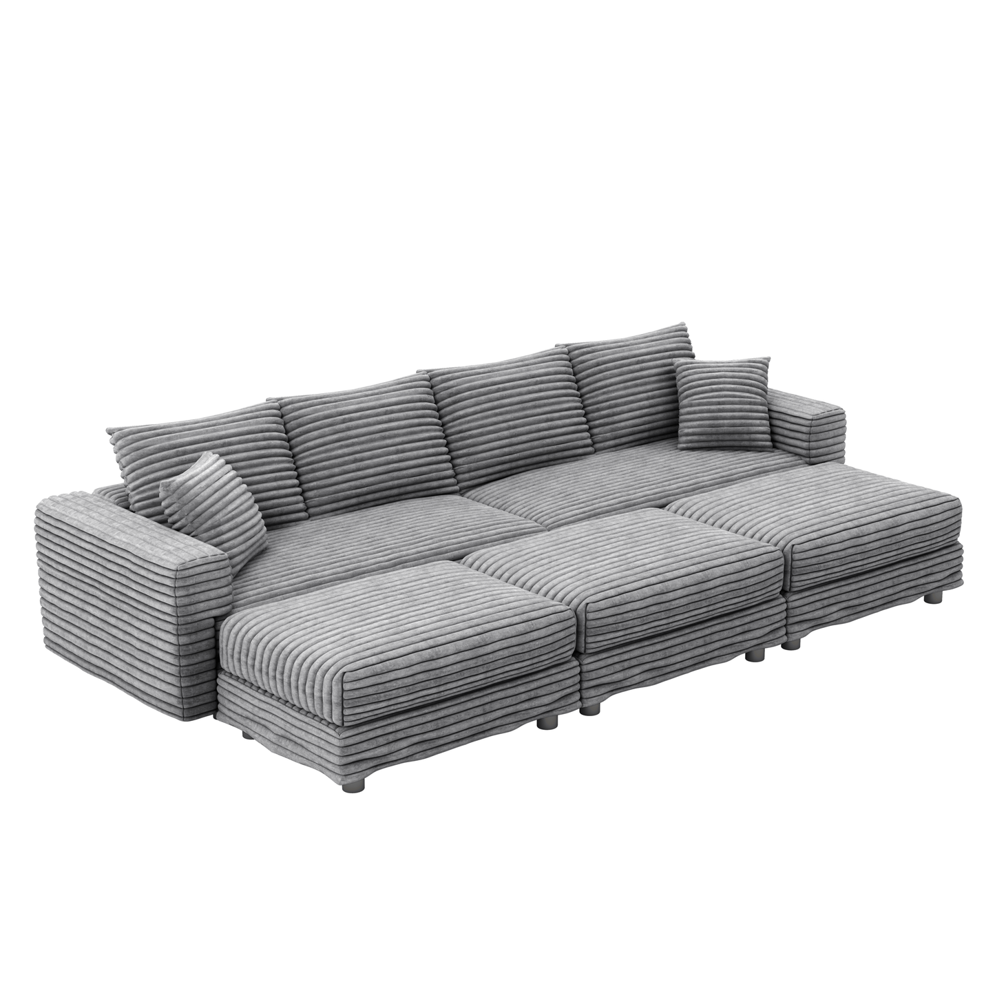 NEW 104.3' Plush Grey Corduroy Modern Comfy Upholstered 4-Seat Comfy Deep Seat Sofa Cloud Couch with Soft Pillows and 3 Ottomans Convertible Lounge Char