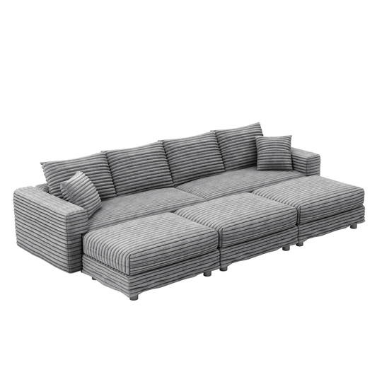 NEW 104.3' Plush Grey Corduroy Modern Comfy Upholstered 4-Seat Comfy Deep Seat Sofa Cloud Couch with Soft Pillows and 3 Ottomans Convertible Lounge Char