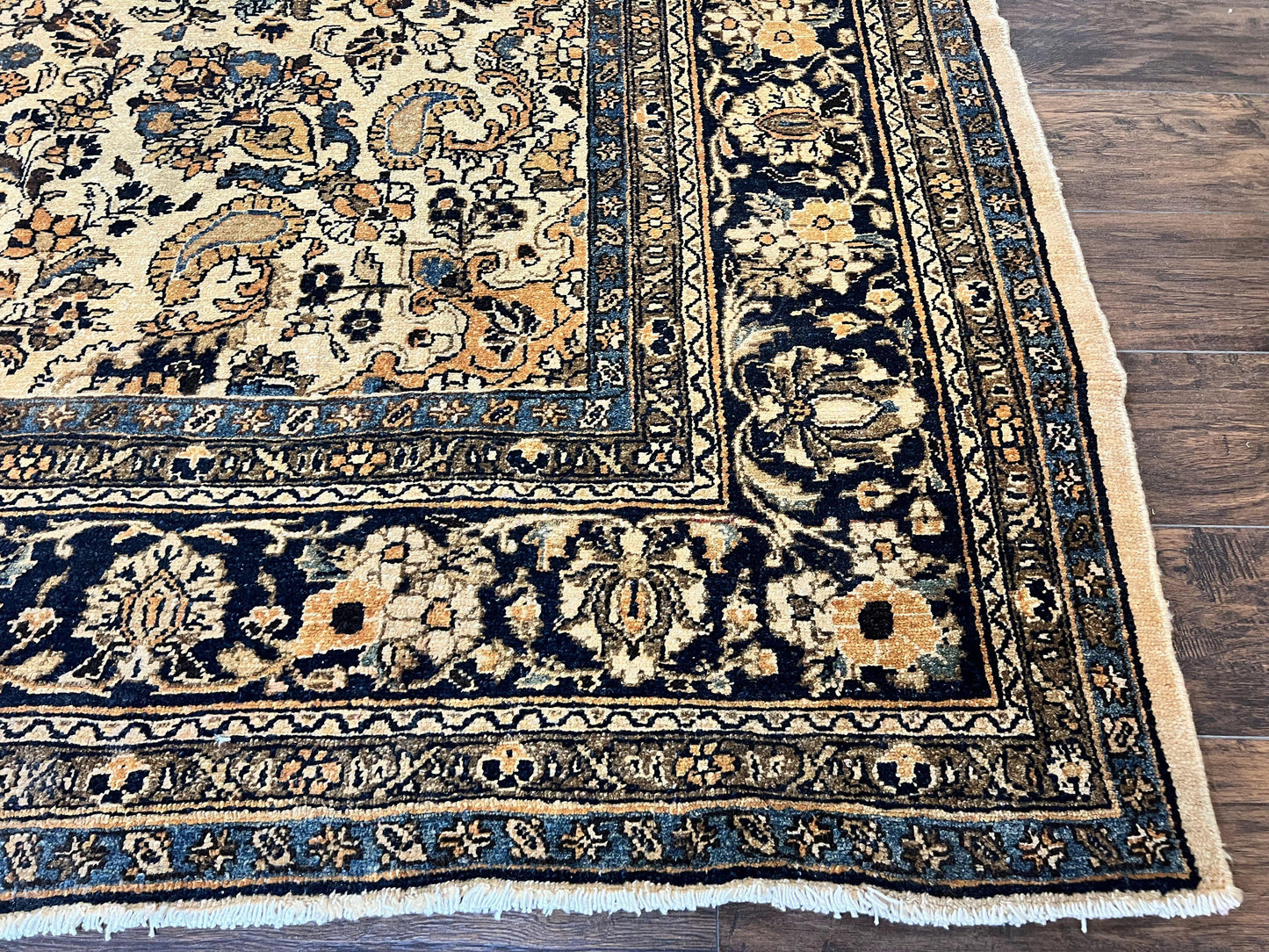 USED Antique Persian Rug 9x11, Wool Handmade 1920s Oriental Carpet, Persian Hamadan Anjelas Rug, Cream Black, Floral Allover Oriental Rug 9 x 11 Room Sized Rug