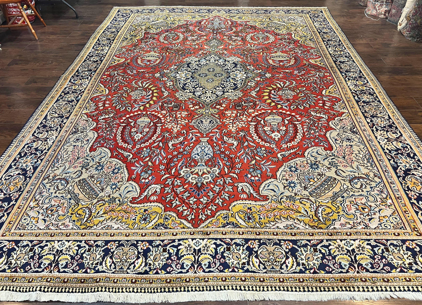 USED Wonderful Persian Qum Rug 10x14, Wool w/ Silk Highlights, Hand Knotted Semi Antique Vintage Carpet, Red, Floral, Fine Weave, Birds Deer Pictorials