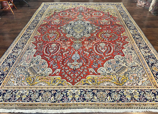 USED Wonderful Persian Qum Rug 10x14, Wool w/ Silk Highlights, Hand Knotted Semi Antique Vintage Carpet, Red, Floral, Fine Weave, Birds Deer Pictorials