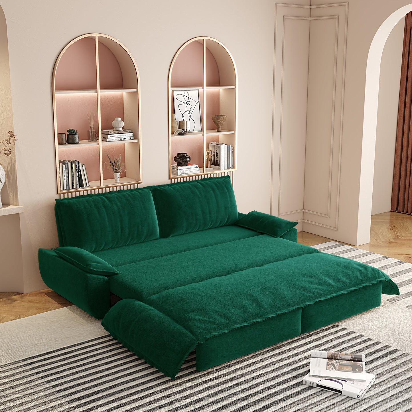 NEW Multi-Functional Green Velvet 3-in-1 Convertible 73.2' Queen Pull Out Sofa Bed Sleeper Couch